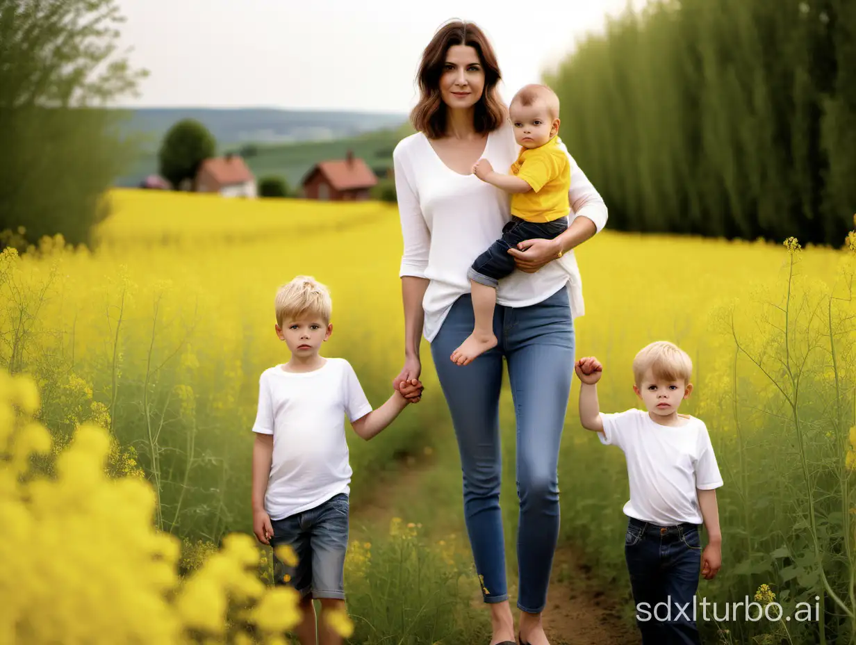 A young mother, holding her young son in her right arm, holding her second son's hand with her left hand, with her oldest son standing on the right, the oldest son, 7 years old, holding up his pants, lush trees behind the house, standing in a rapeseed field taking a photo