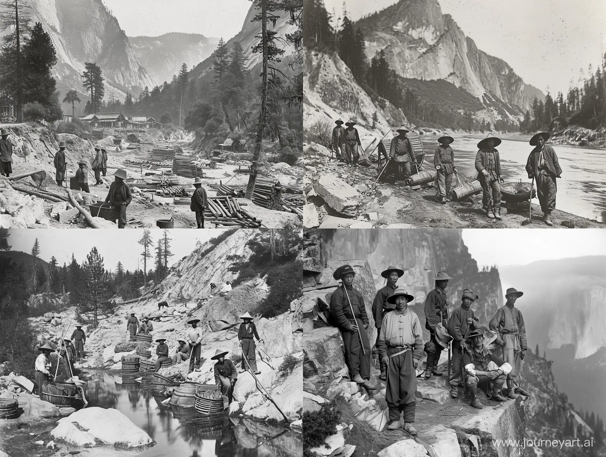 Historical black and white photographs dipicting the life of Chinese workers at Yosemite in the late 1800s.
