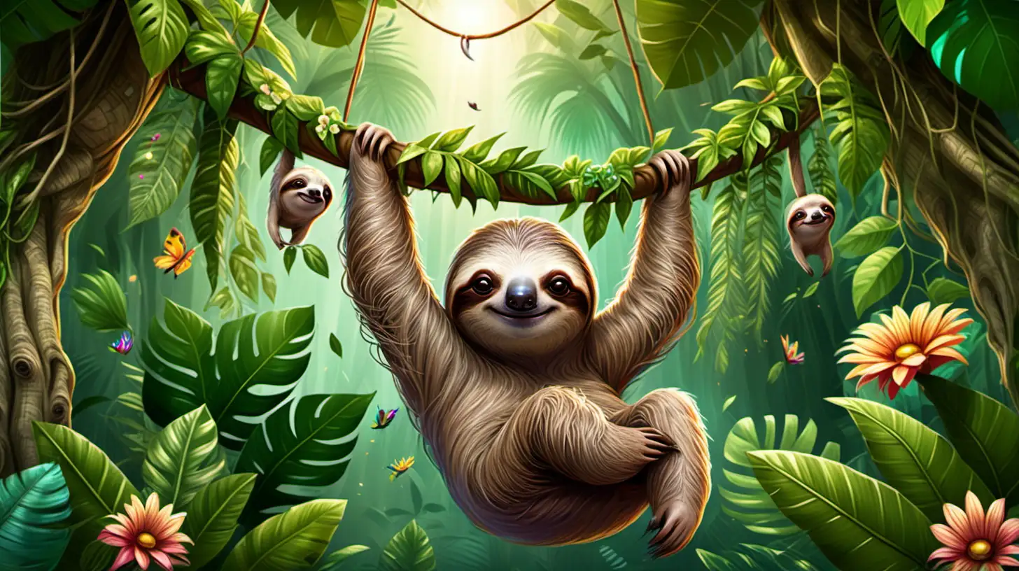 smiley sloth hanging from a tree, jungle, green, lots of foliage and flowers, mystical background