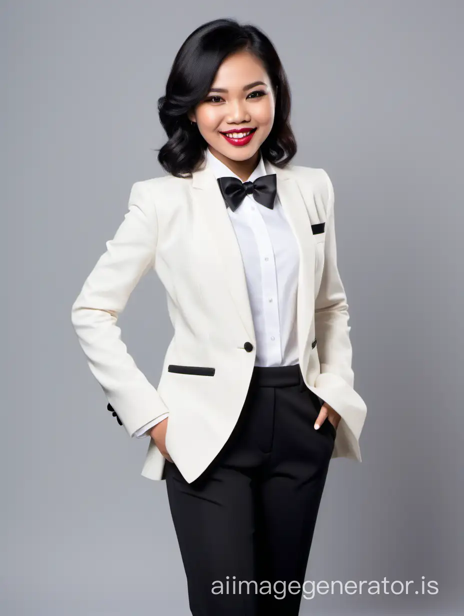 Sophisticated-Indonesian-Woman-in-Ivory-Tuxedo-with-Black-Pants