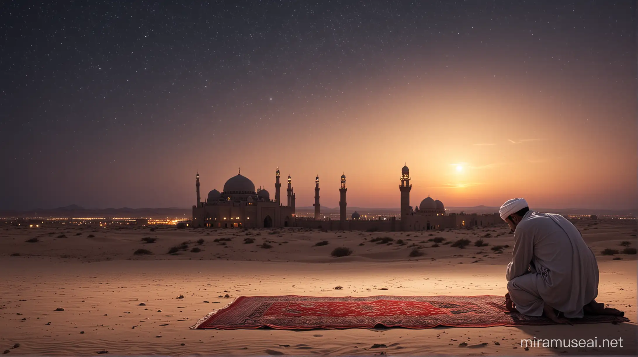 Create a YouTube thumbnail having glorious and heart touching night scenery in a Islamic country also give a humble posture of a man prostrating to God in that image
