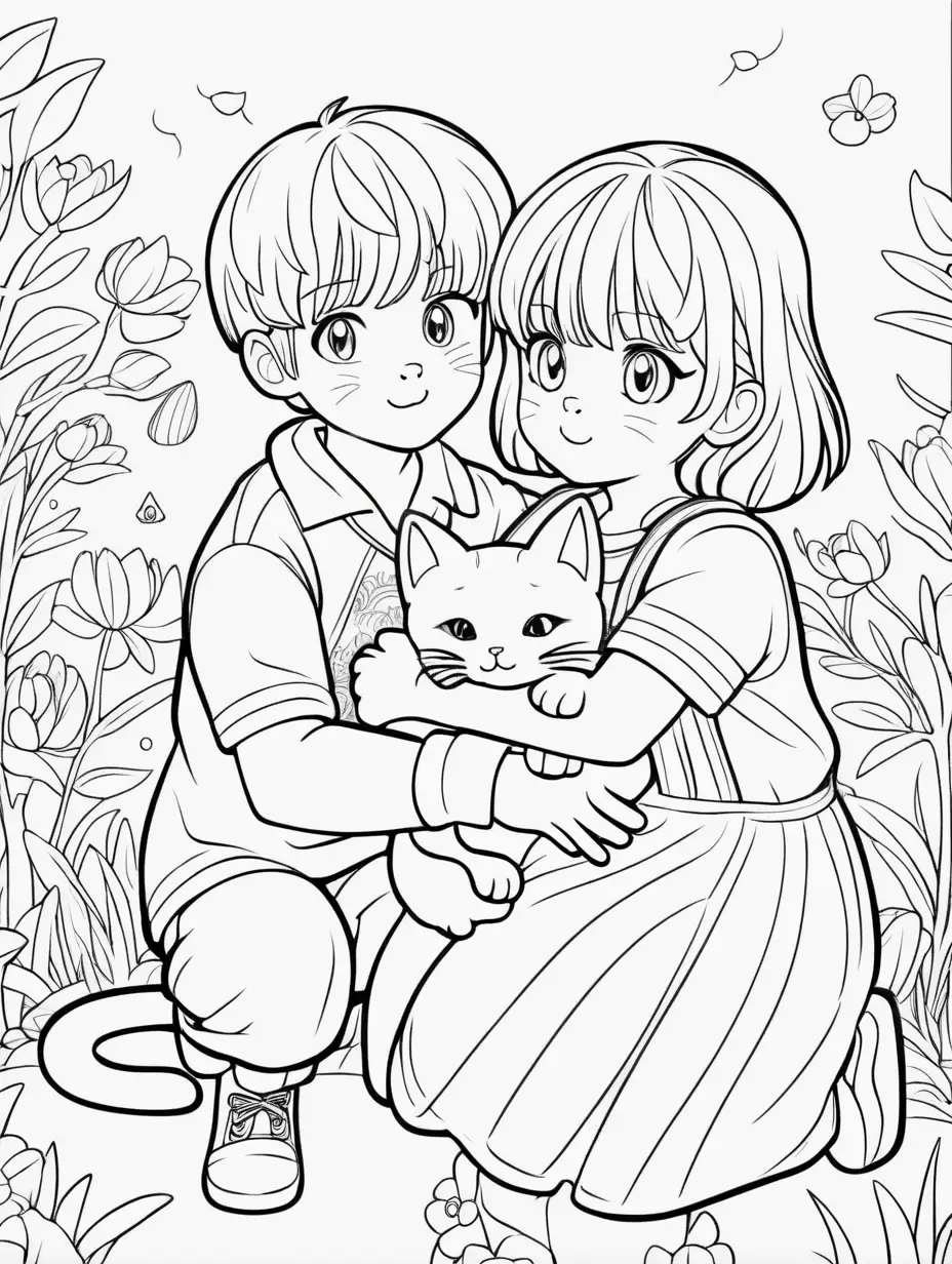cat story
the boy and the girl hug the cat to calm them down coloring book outline