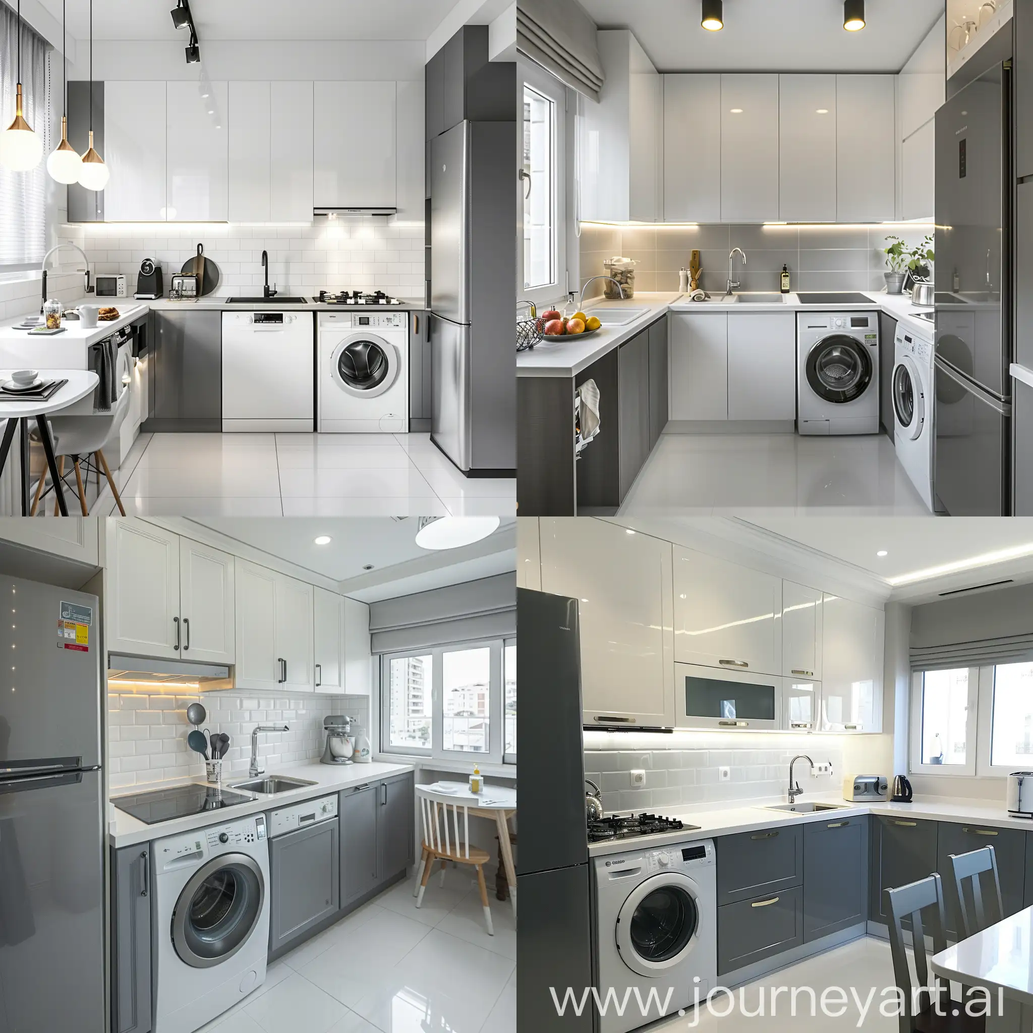 classic kitchen in white and gray.  sink, washing machine, dishwasher, refrigerator, table gas, white floor,No windows, internal lighting
