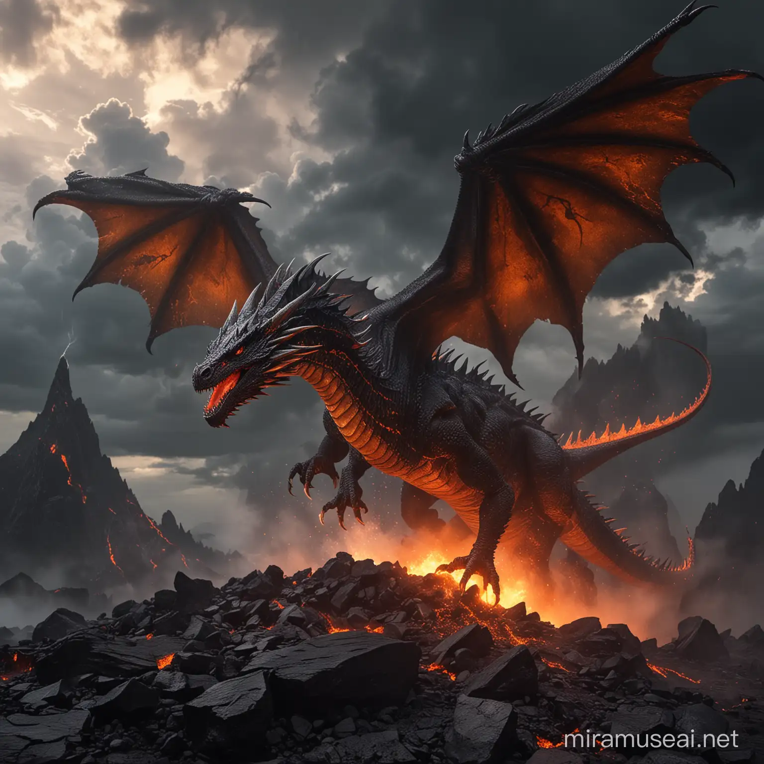 Majestic Volcanic Winged Dragon Glowing Black Scales and Dramatic Atmosphere