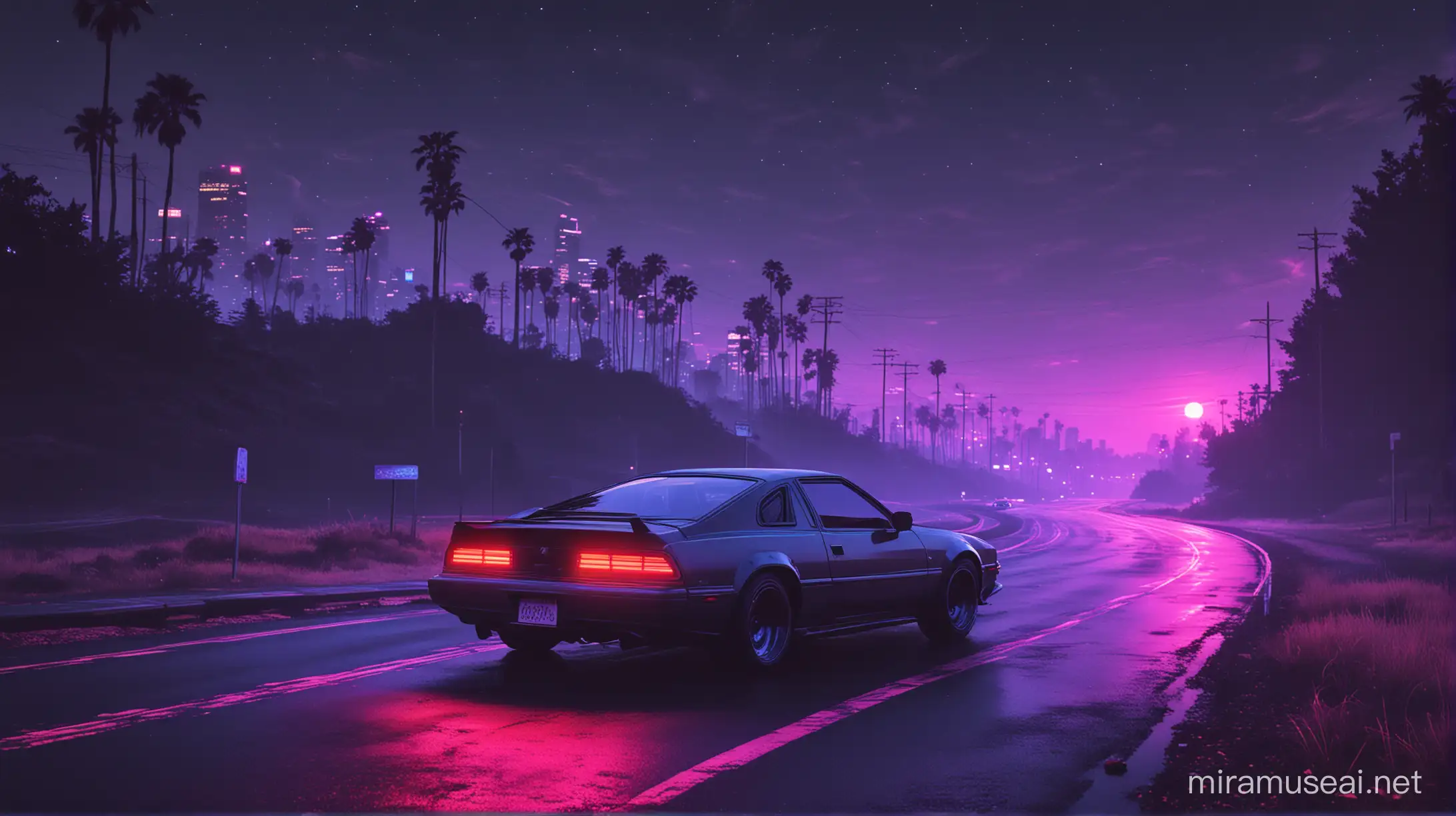 Synthwave Car Cruising Through Abandoned City Streets at Night