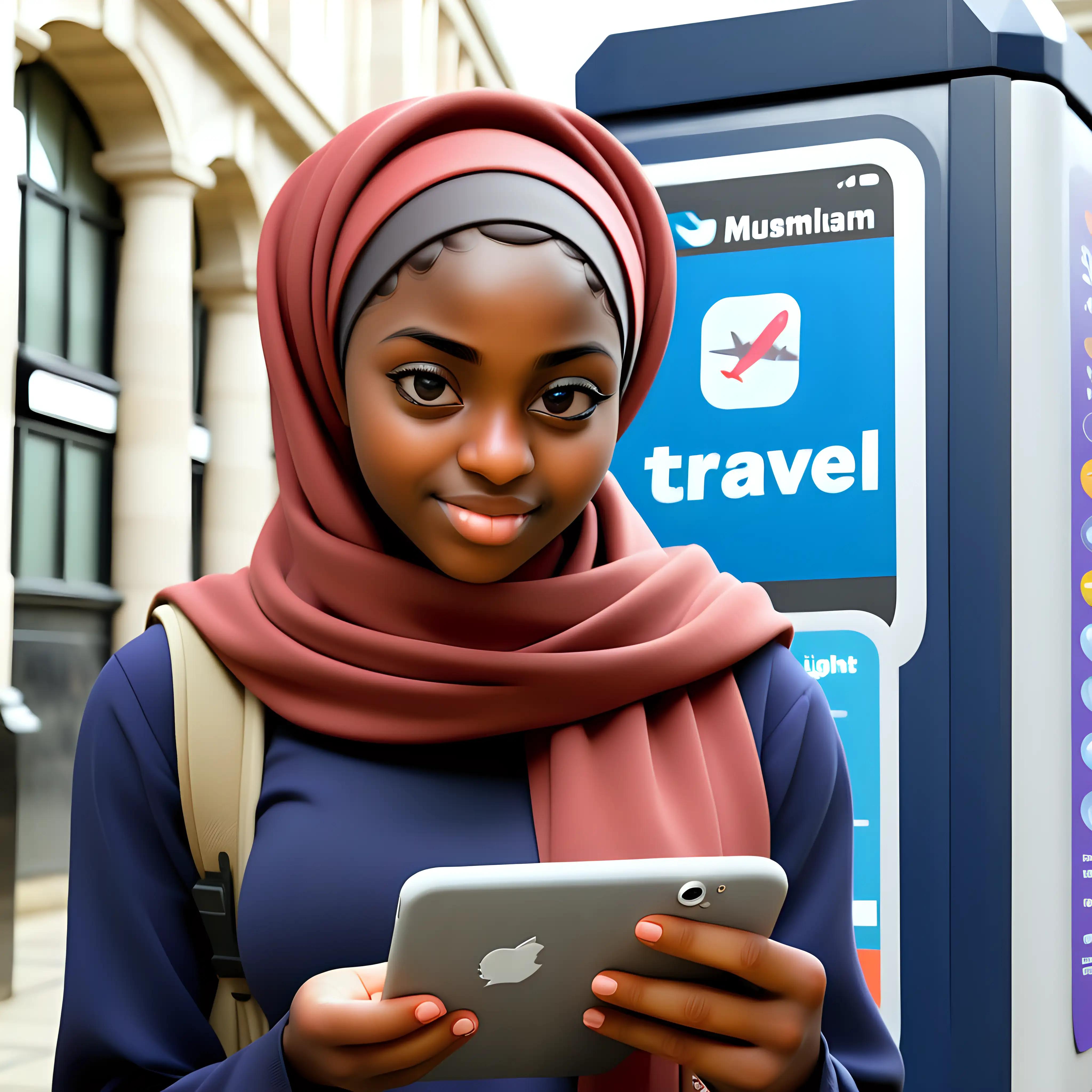 Image of Aisha, a Nigerian muslim student studying in the UK using a travel app to find cheap flights