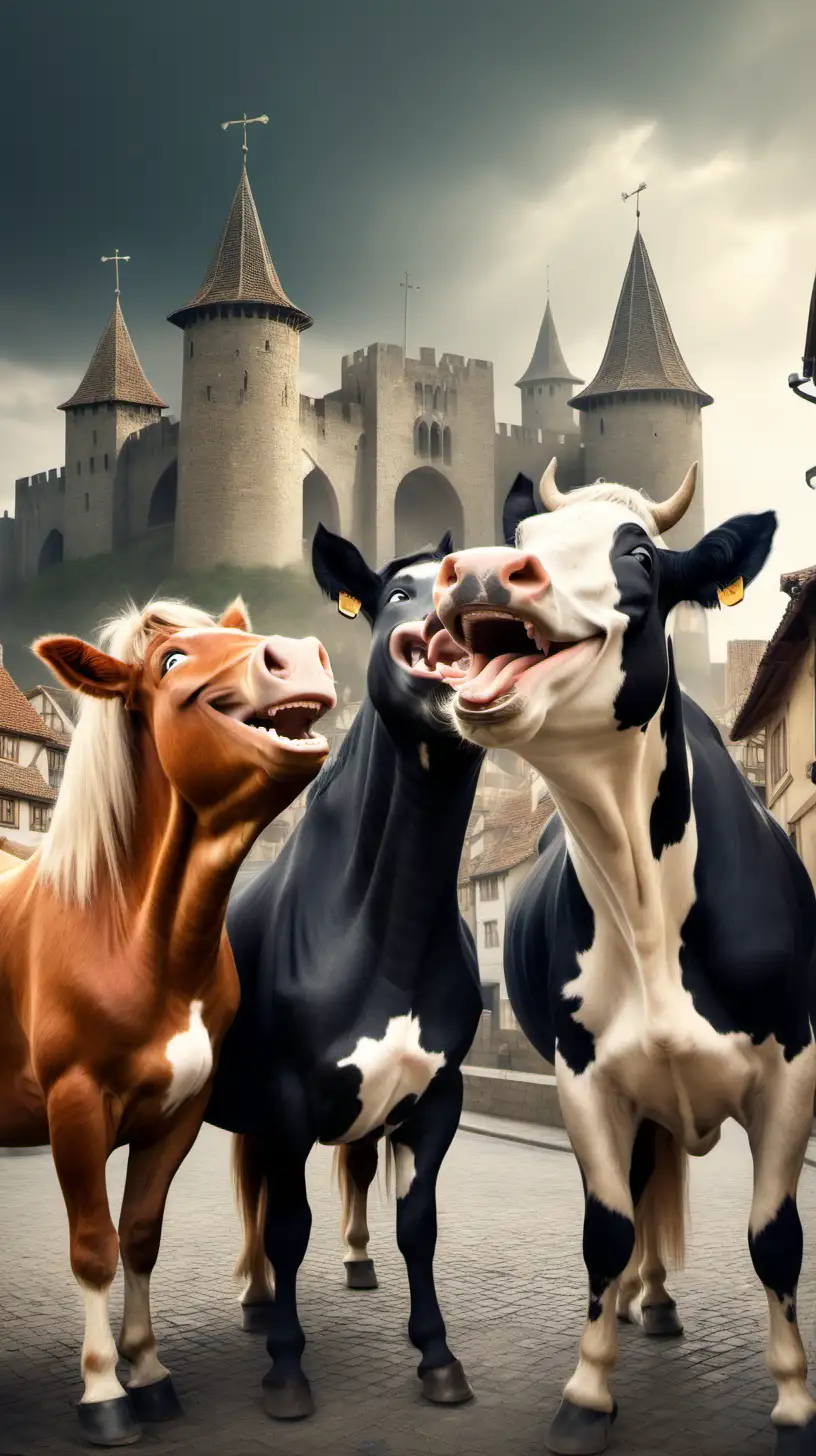 create a funny image of two horses  and a cow laughing out loud with a medieval city background. side view