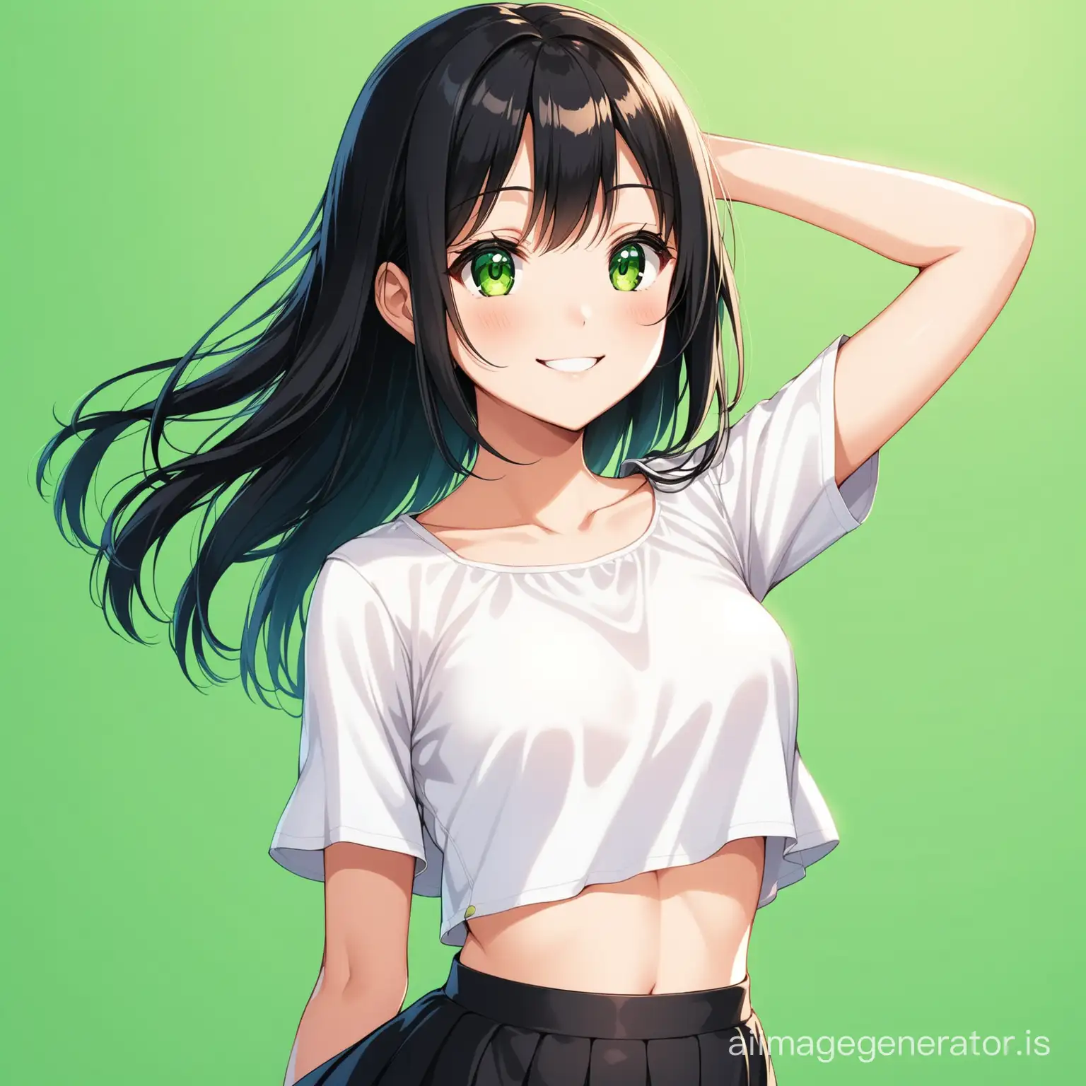 Anime girl with black skirt and white short blouse-top, tummy is visible, with small but beautiful breasts, with black long smooth hair, with a smile, green solid background