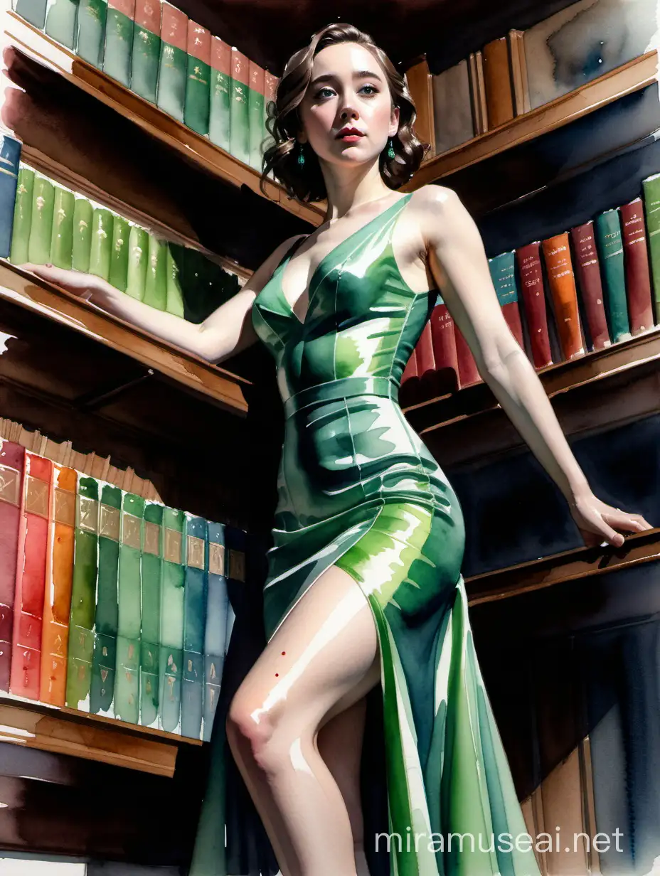 Alex Maleev watercolor painting of black-haired seductive Saoirse Ronan wearing green 1940s ball dress with high slit standing leaning back on a library shelf, alluring cleavage, smooth shiny thigh, seen from below, forced perspective, gray palette, insanely high quality, insanely high detail, dark dramatic lighting