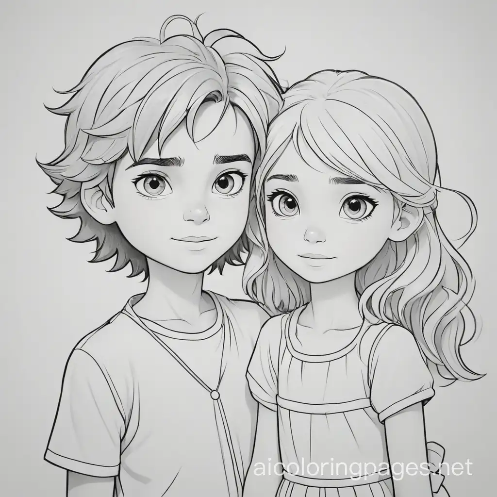 boy and girl, Coloring Page, black and white, line art, white background, Simplicity, Ample White Space. The background of the coloring page is plain white to make it easy for young children to color within the lines. The outlines of all the subjects are easy to distinguish, making it simple for kids to color without too much difficulty