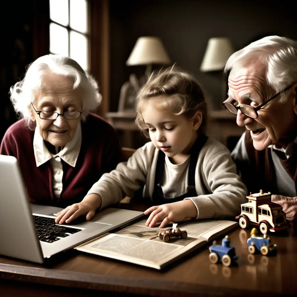 envision a scene that depicts the joy of learning from people at all different ages . Begin with a small child playing with toys, then a young adult on a laptop, and an old person reading a book, and an elderly person reading a paper. Include a scene that defines the essence of rich history. details of historical events that demonstrate changes throughout time. create a sense of curiosty and wondering. make this interesting with a background of otherworldly elements and artifacts.