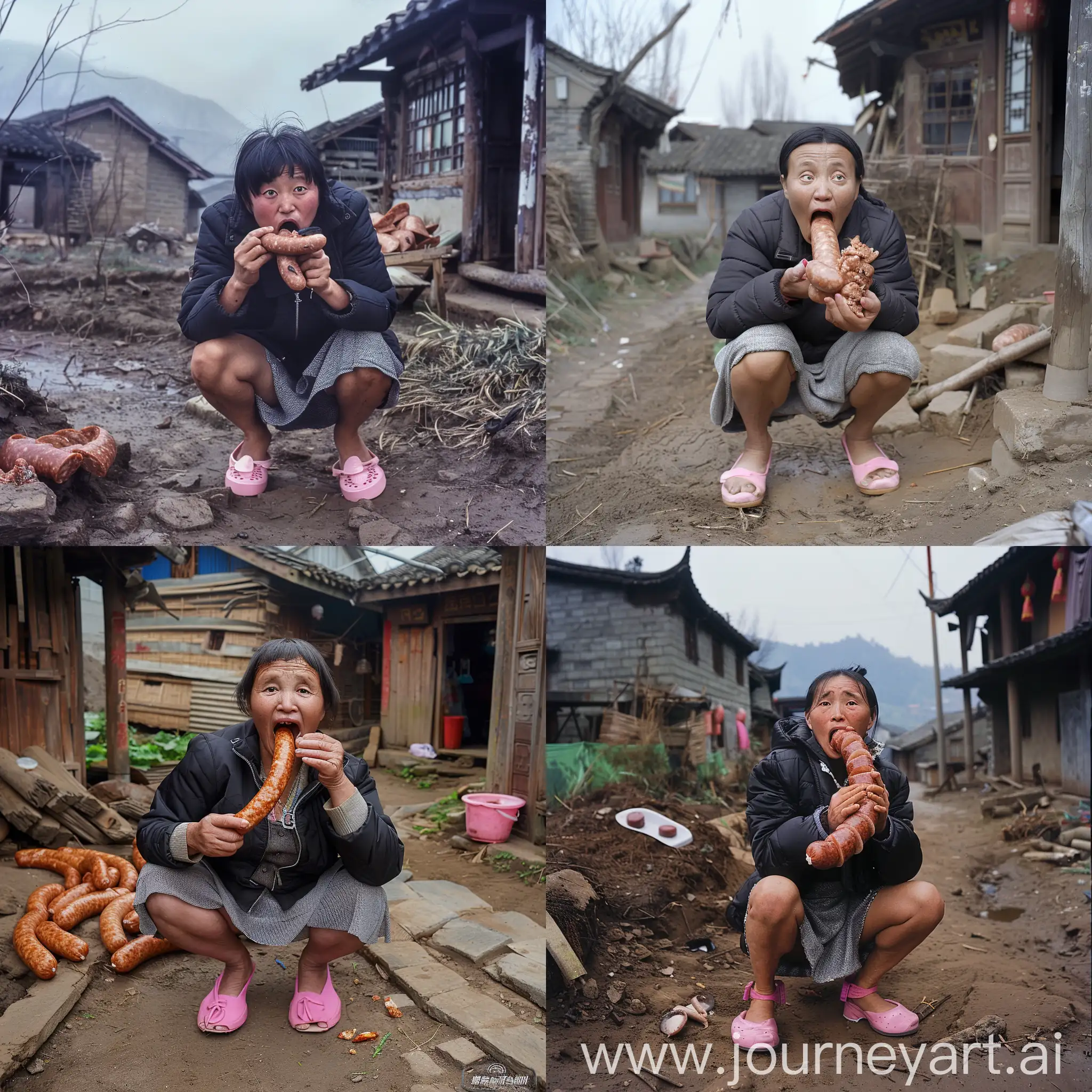 In a village of china,  a woman squat and eating Chinese sausage with big open mouth, wearing black colour jacket, very short grey colour skirt and pink colour cover slippers. 