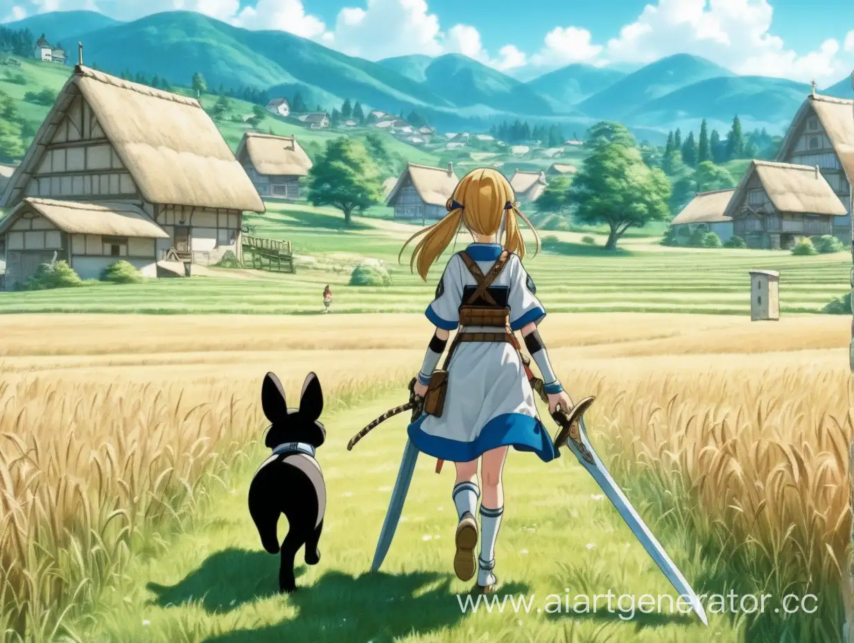Аниме девушка с мечом идет спиной по полю с питомцем в деревню