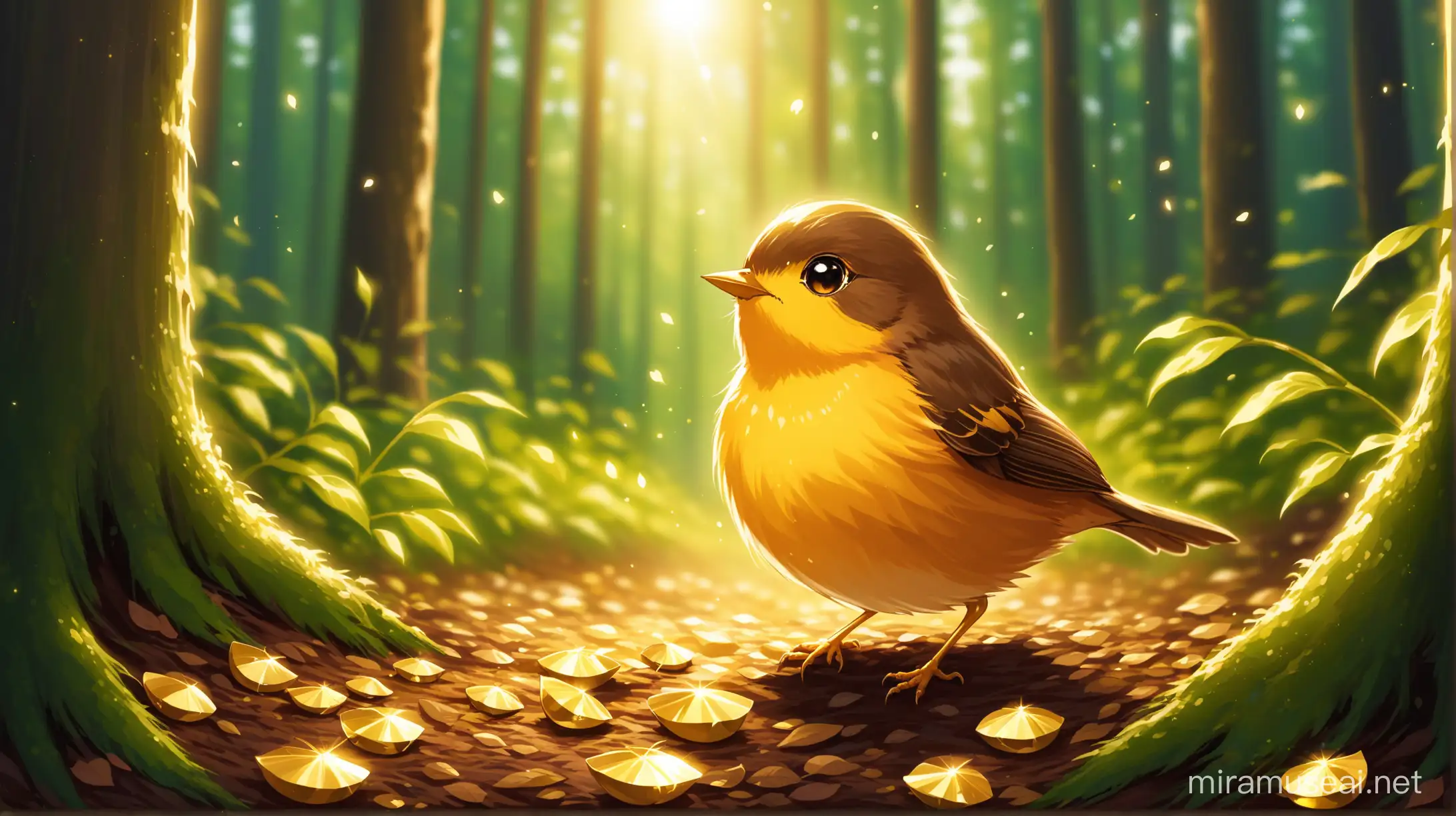 A little bird eyes are wide with surprise as she looks down at a gleaming little piece of gold on the forest floor.