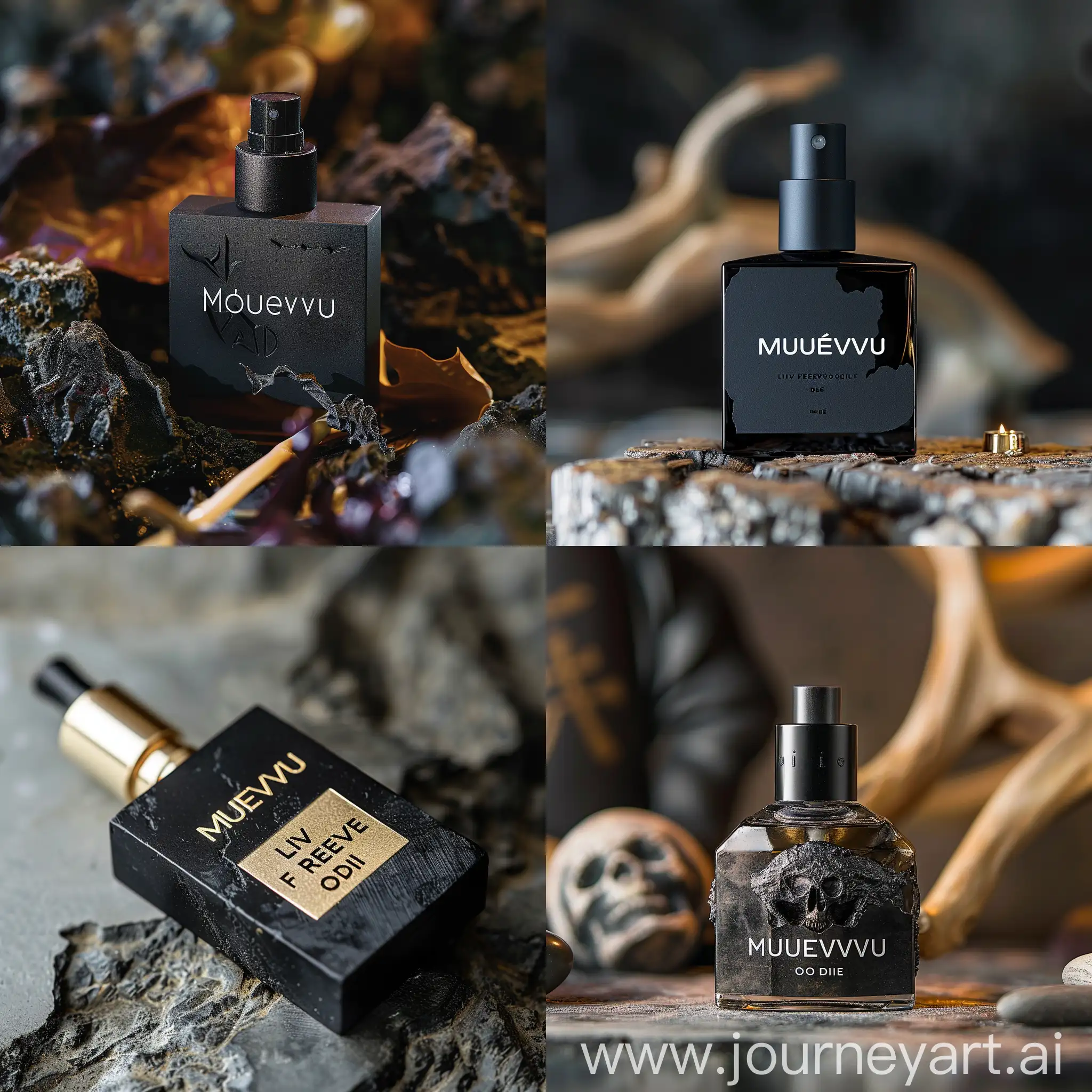 post modern brand with name "Mouevsu" and slogan "Live free or die", it smells same as hard luxe parfume and sounds like a techno, and at this time its all combine expensive and modern look