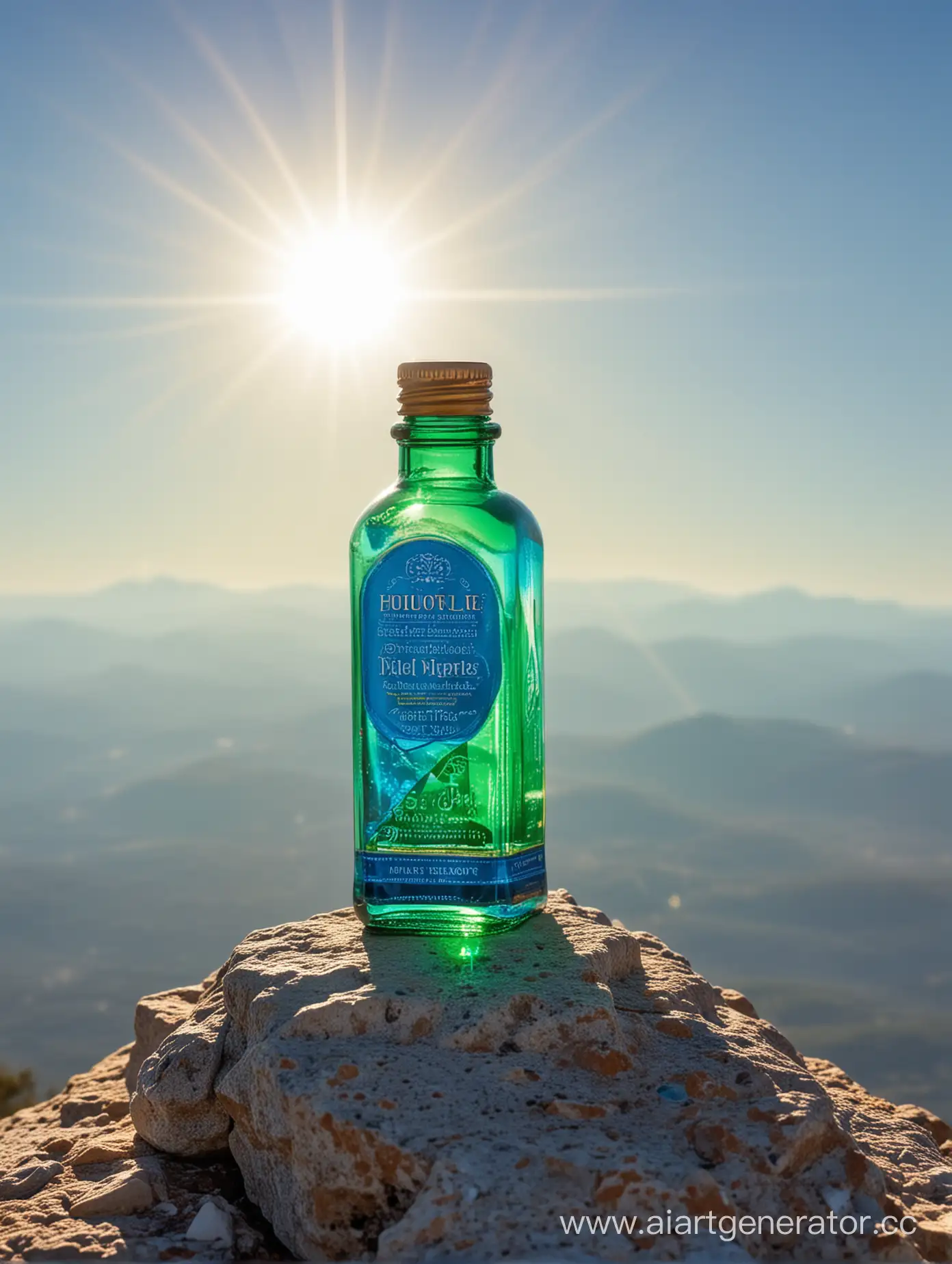 маленькая бутылочка стоит на пёрышке ,яркий солнечный свет сзади ,цвета  фона голубой зелёный