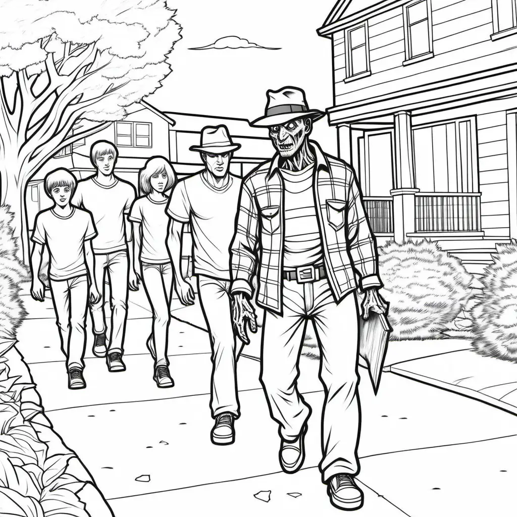 a simple black and white coloring book outline of Freddy krueger walking in neighborhood with young men in background, for coloring