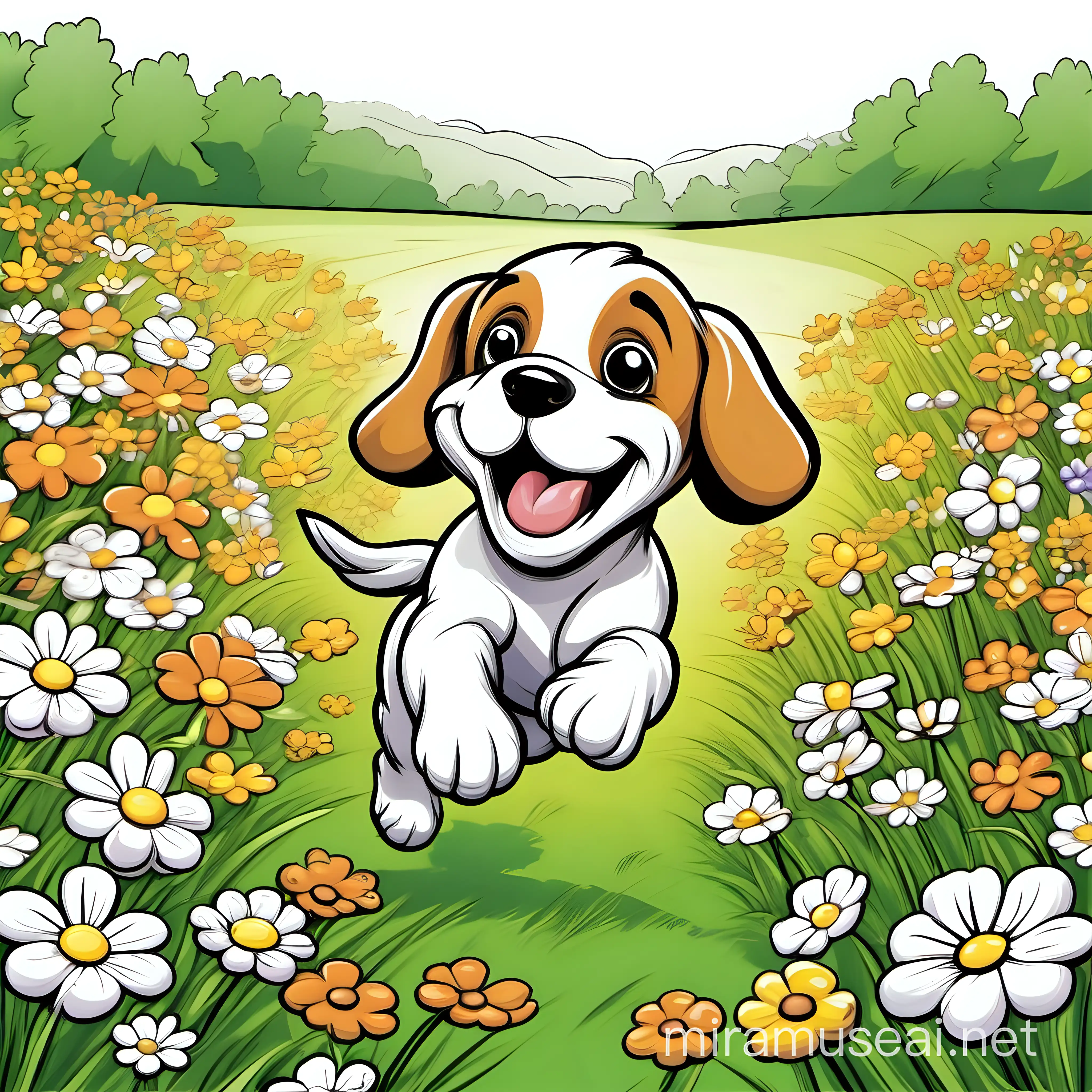 happy puppy running around in a flield of flowers cartoon
