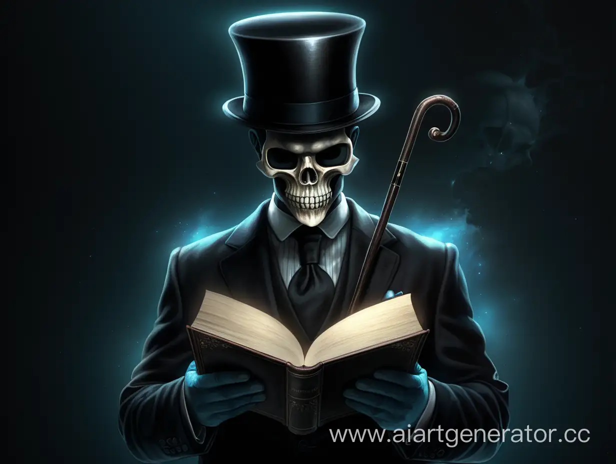 мужчина в строгом костюме с цилиндром и тростью, с закрытой книгой в руках, в маске в виде черепа, темная аура, свет сверху, темное пространство.