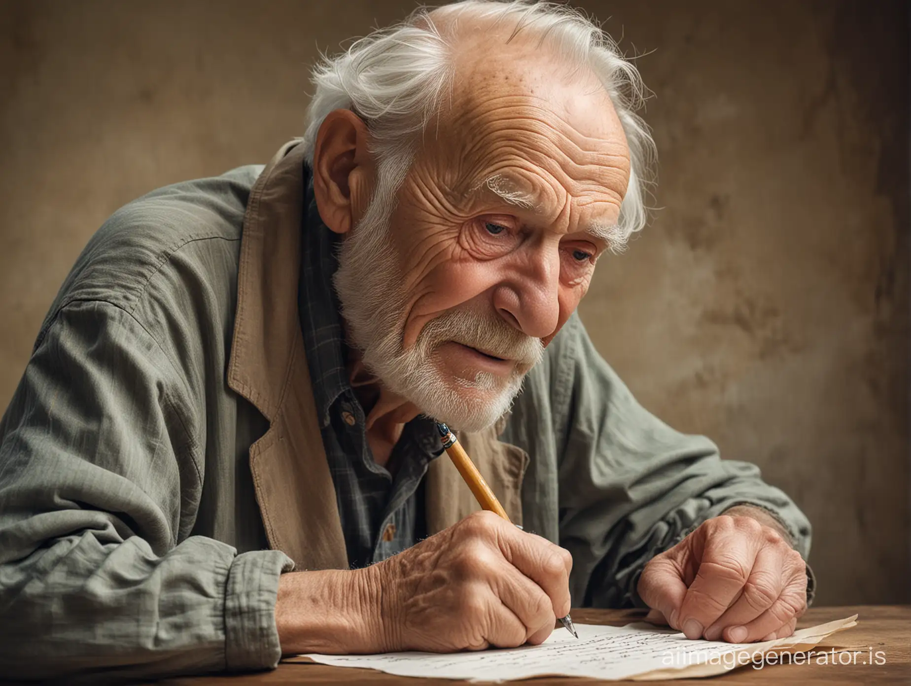 A detailed photo portrait of an old man with a wrinkled face sitting at a table and writing a letter with a dreamy, remembering face and a slight smile