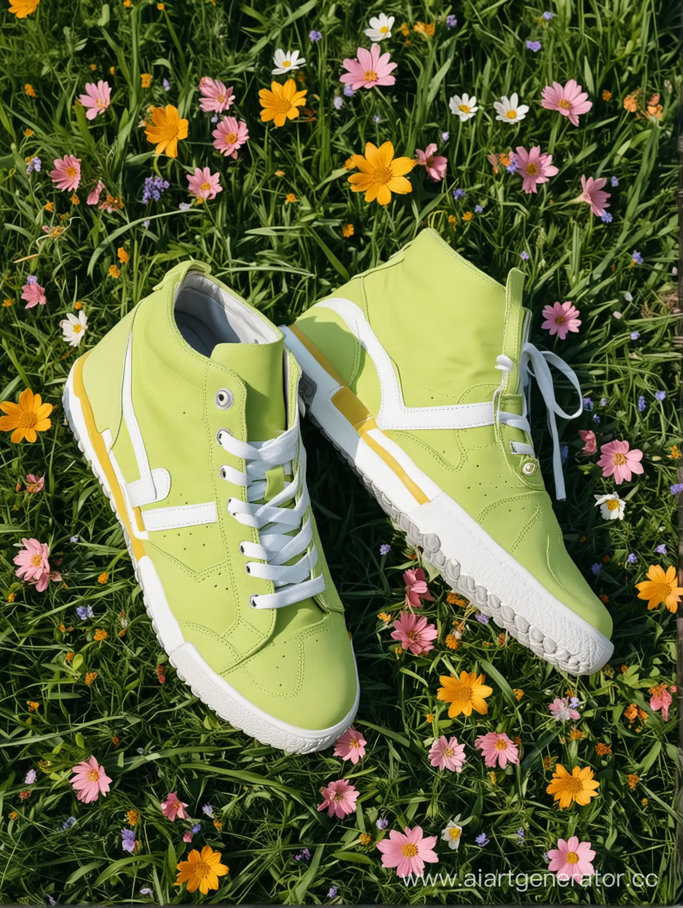 яркие современные кроссовки в траве с цветами, снизу на картинке