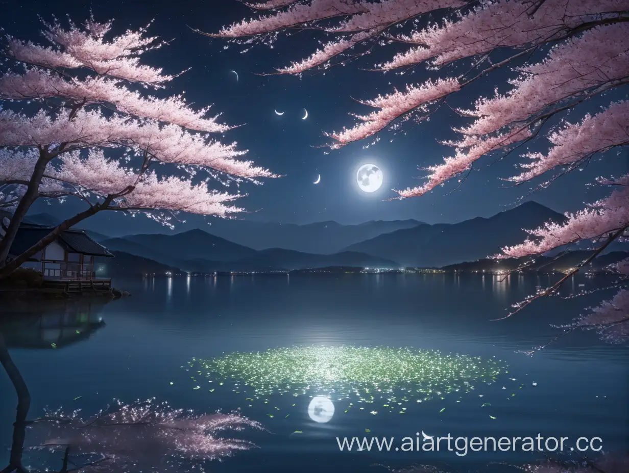 Serene-Moonlit-Scene-with-Floating-Sakura-Leaves-at-the-Lake