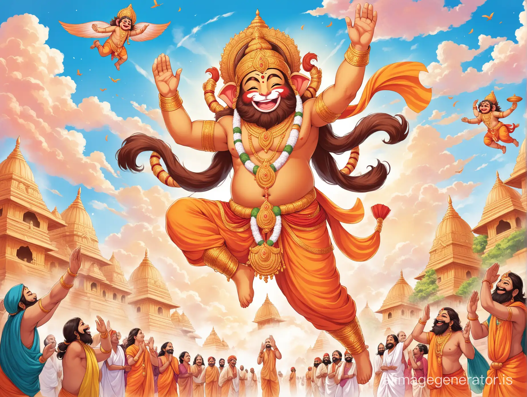 Capture Hanumanji's playful side as he transforms into a giant and flies through the skies, spreading joy and laughter among devotees.