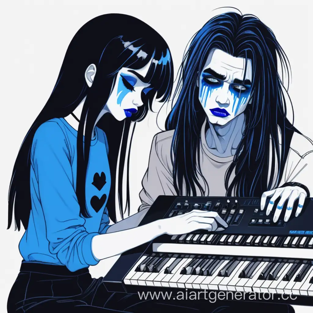 Очень грустная девушка в депрессии с чёрными волосами и потёкшим макияжем и очень весёлый парень с длинными волосами и с синей губной помадой играют на синтезаторе 
