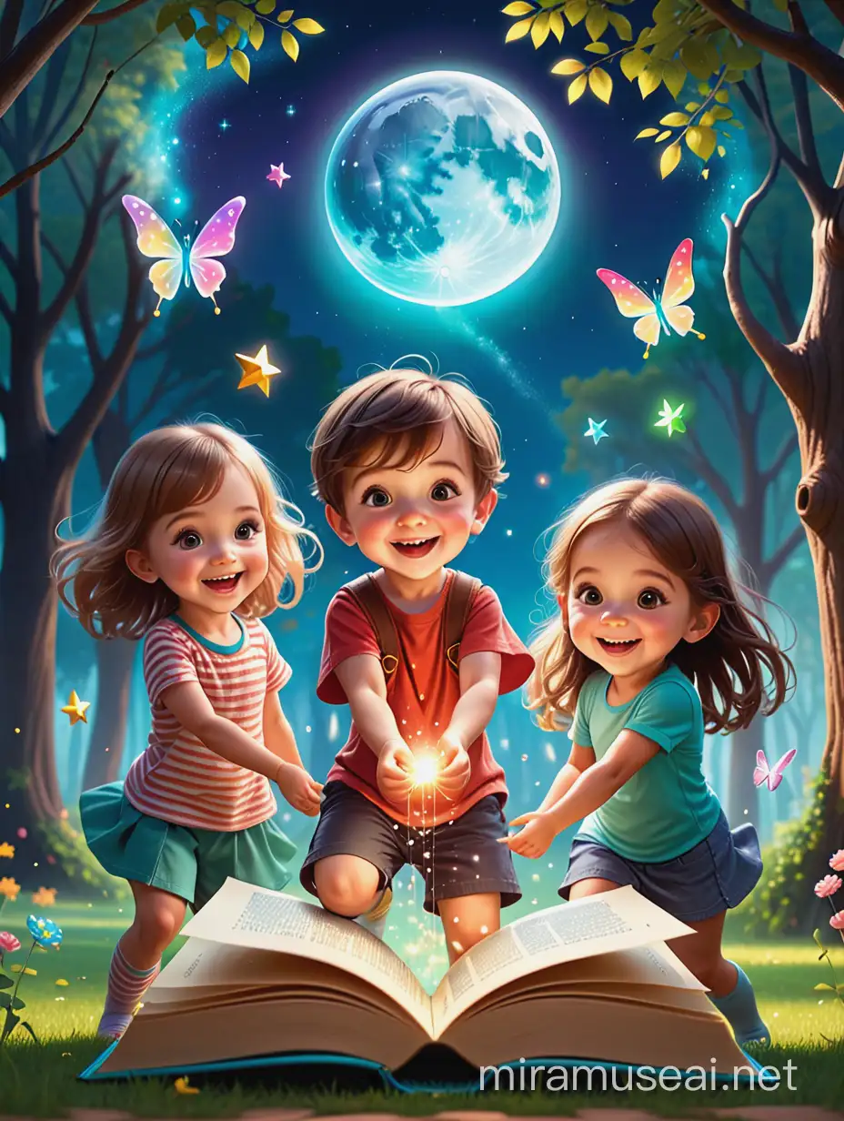 Joyful Children Engage in Enchanting Play Whimsical Book Cover Design