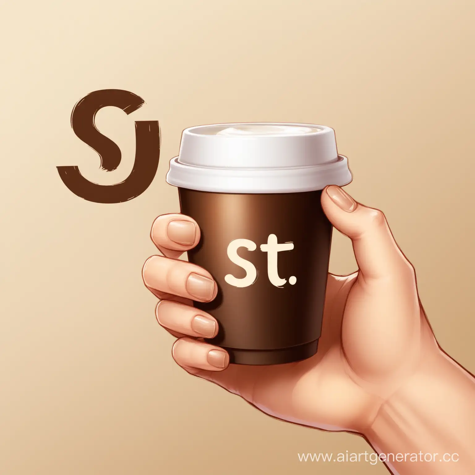 Рука держит стакан кофе с надписью "st"
