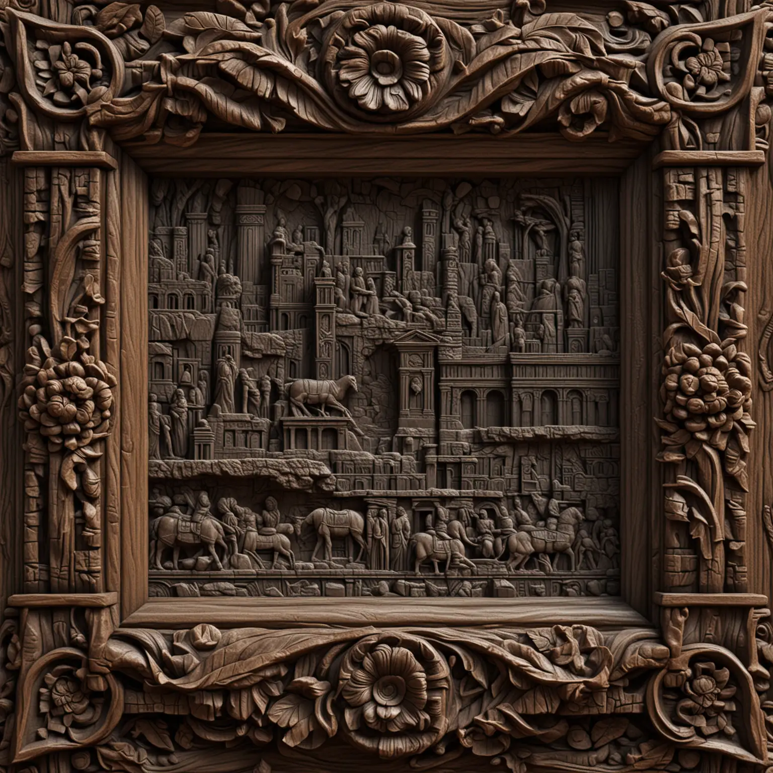 Seamless-Dark-Wood-Carved-Frame-with-Ancient-Roman-Cityscape