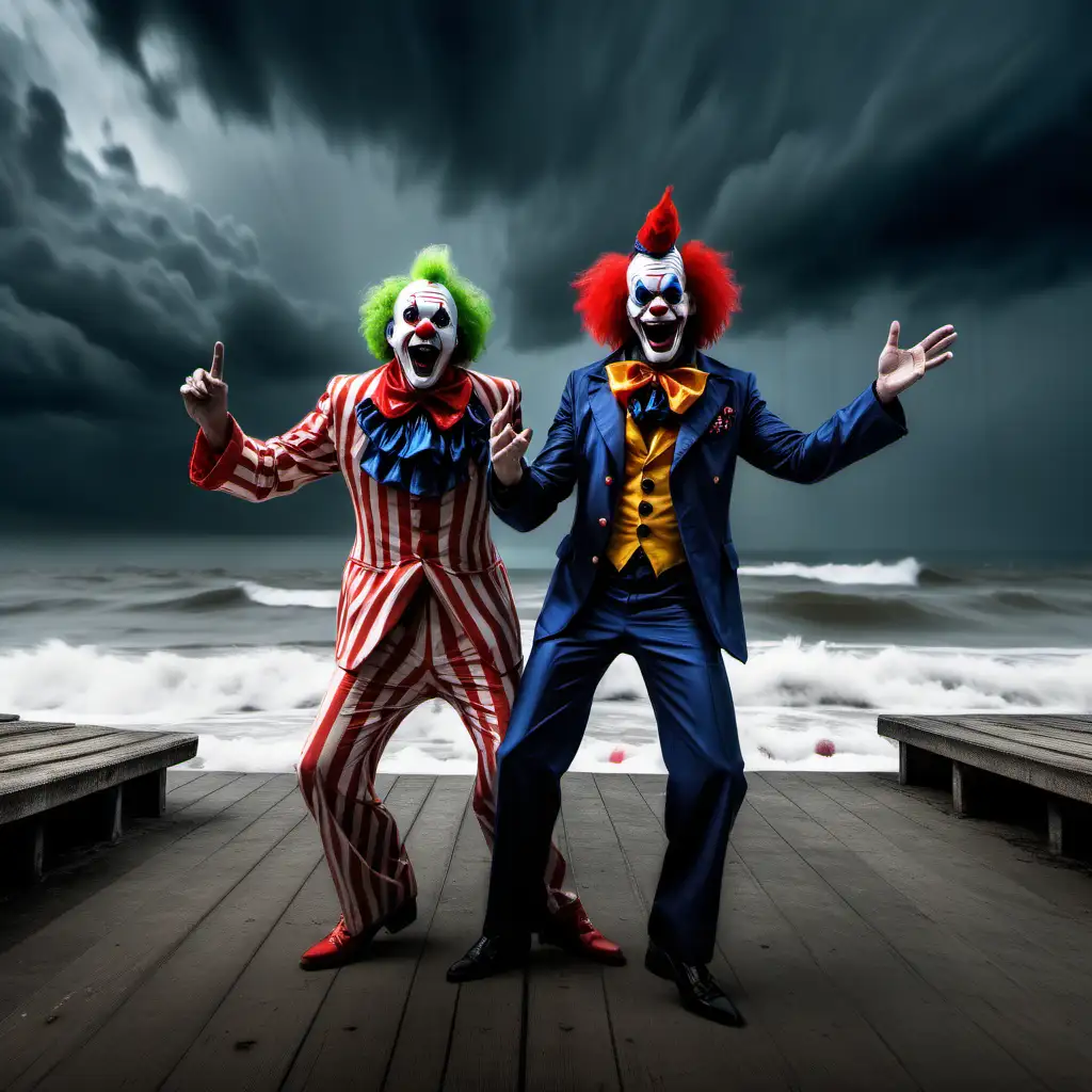 Rock Star Singers Amidst Stormy Scenery with Dancing Clowns