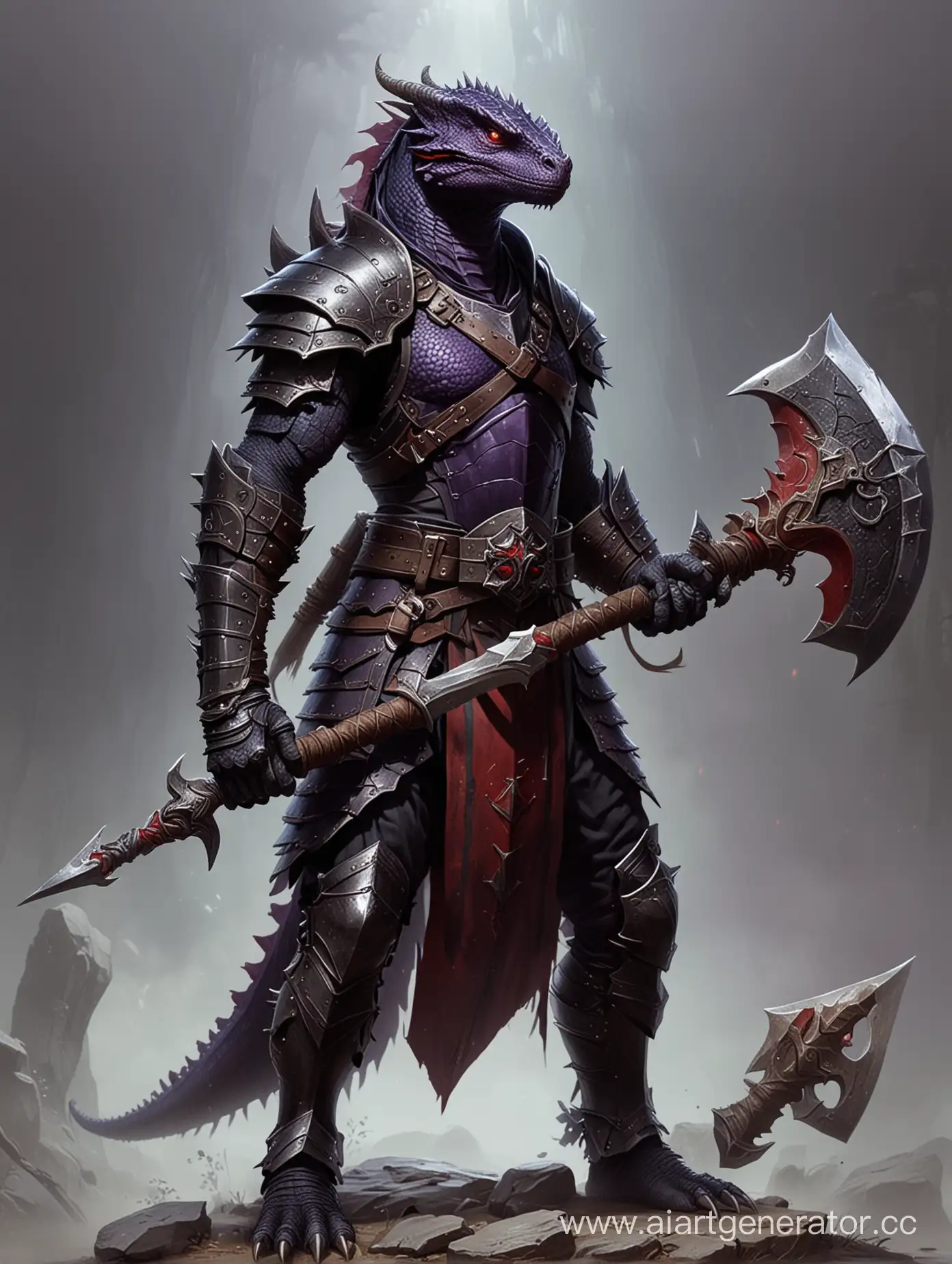 Высокий фиолетовый ящер драгонорождённый с красными глазами и в чёрной броне и с большим двухручным топором, паладин в стиле фантазии.