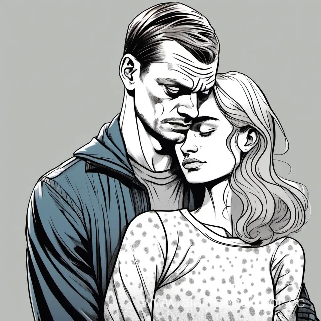 a sad man looking like joel kinnaman is hugged by a girl looking like lily  james cartoon style