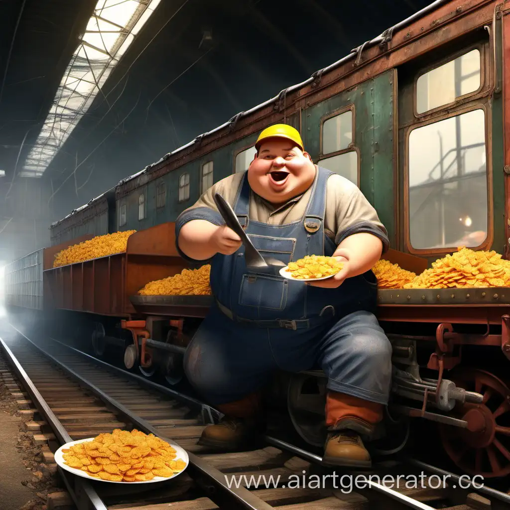 пухлый работник железнодорожного цеха управляет поездом, кушая кукурузики