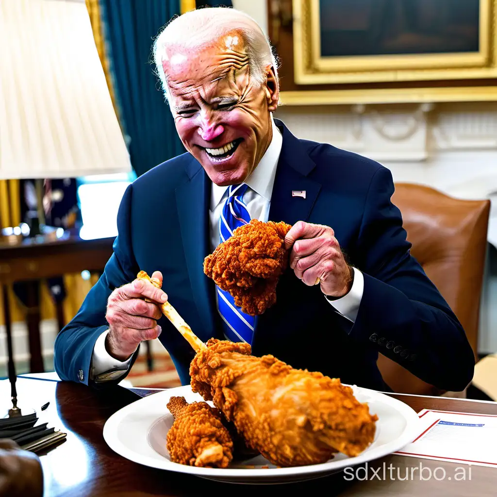 President Joe Biden eating a giant fried chicken drumstick.