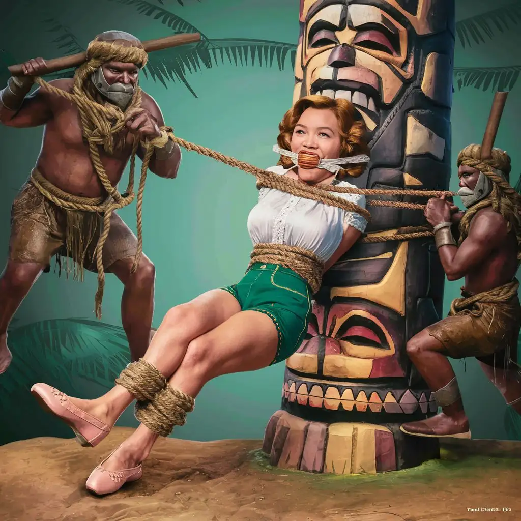mary ann from gilligan's island short shorts white blouse ballet flats tied up with rope to a totem pole and gagged by headhunters full body image