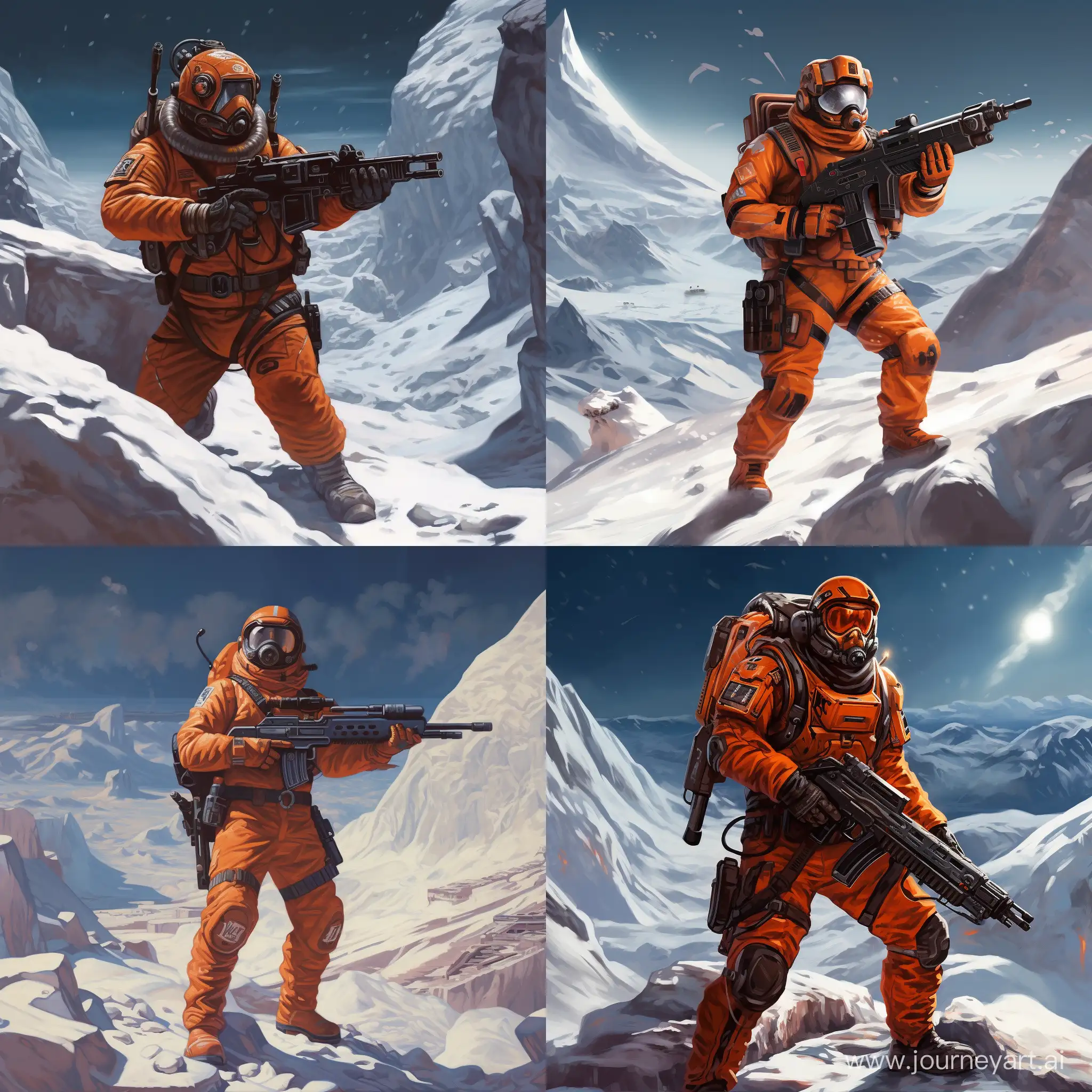 A sci fi astronaut in an orange dark fantasy spacesuit is barely standing on a snow-covered slope. He has a blaster in his right hand, which he points forward. He covers his stomach with his left hand.