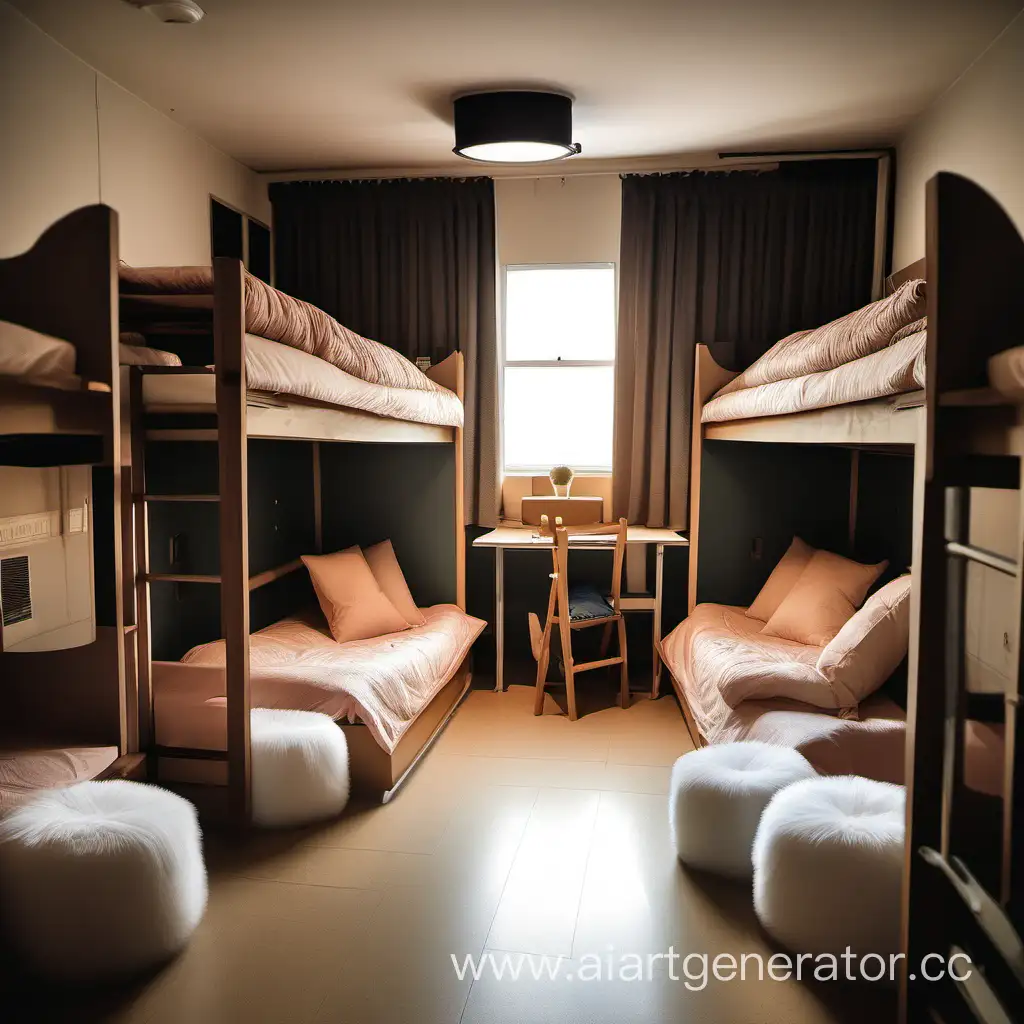 Cozy-Dormitory-with-Bed-and-Pouf-Chairs-Comfortable-Living-Space