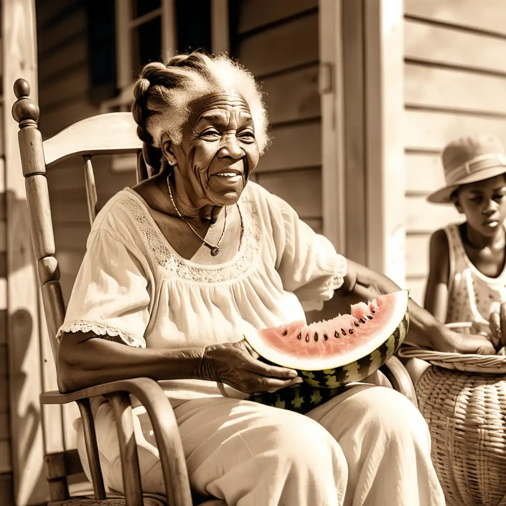 Hyper realistic sepia colored beautiful elderly black grandmother sitting in her rocking chair with two long braids eating a piece of watermelon, in the year 1904 Louisiana, watching her grandchildren in the hot sun, running around outside playing eating watermelon