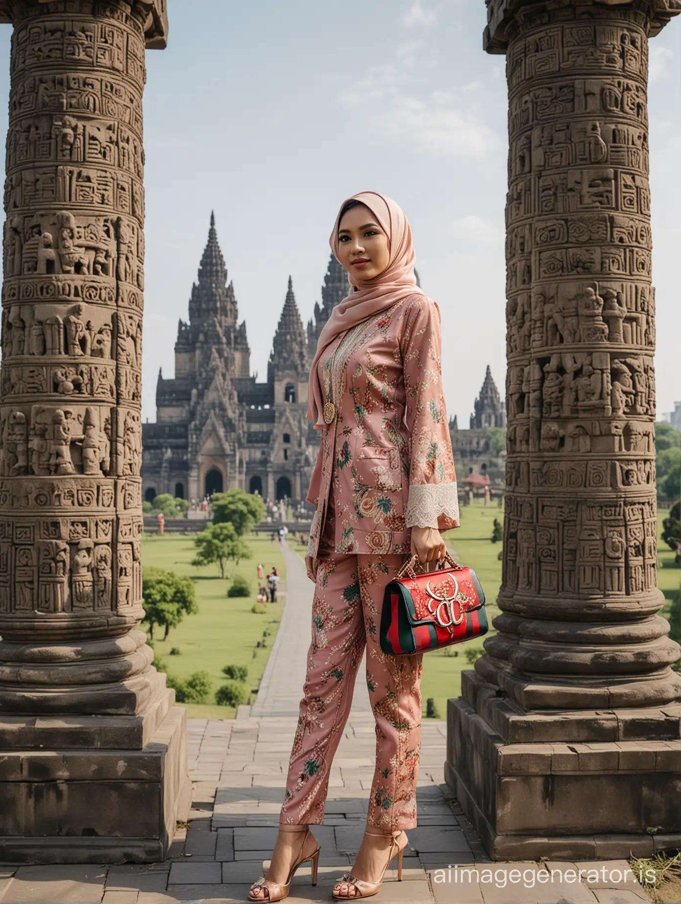 Photo of an Indonesian woman, wearing hijab and traditional Indonesian kebaya, with high heels and a Gucci branded bag, striking a pose on top of Prambanan temple, with the stunning backdrop of Prambanan temple.