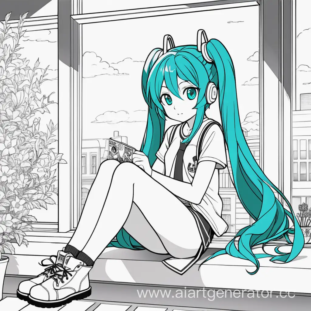 Hatsune-Miku-Enjoying-Coloring-Book-on-Windowsill