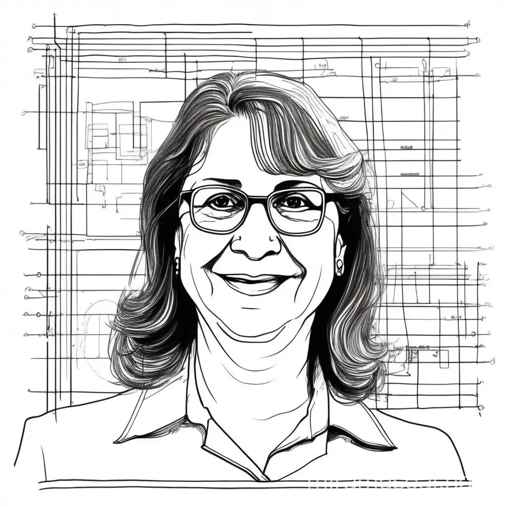 Create a very simple line drawing, similar to a freehand sketch or the first draft of a picture, featuring the outline of Radia Perlman. The drawing should include minimal details, focusing on the borders of her physical appearance, with slight indications of her engaging in her pioneering work in network engineering. Essential elements like a diagrammatic representation of a network and a document suggestive of her contributions to the development of the Spanning Tree Protocol should be suggested rather than fully depicted, maintaining the overall simplicity. This sketch is intended to capture the essence and spirit of Radia Perlman, emphasizing her dual legacy as an engineer and educator.