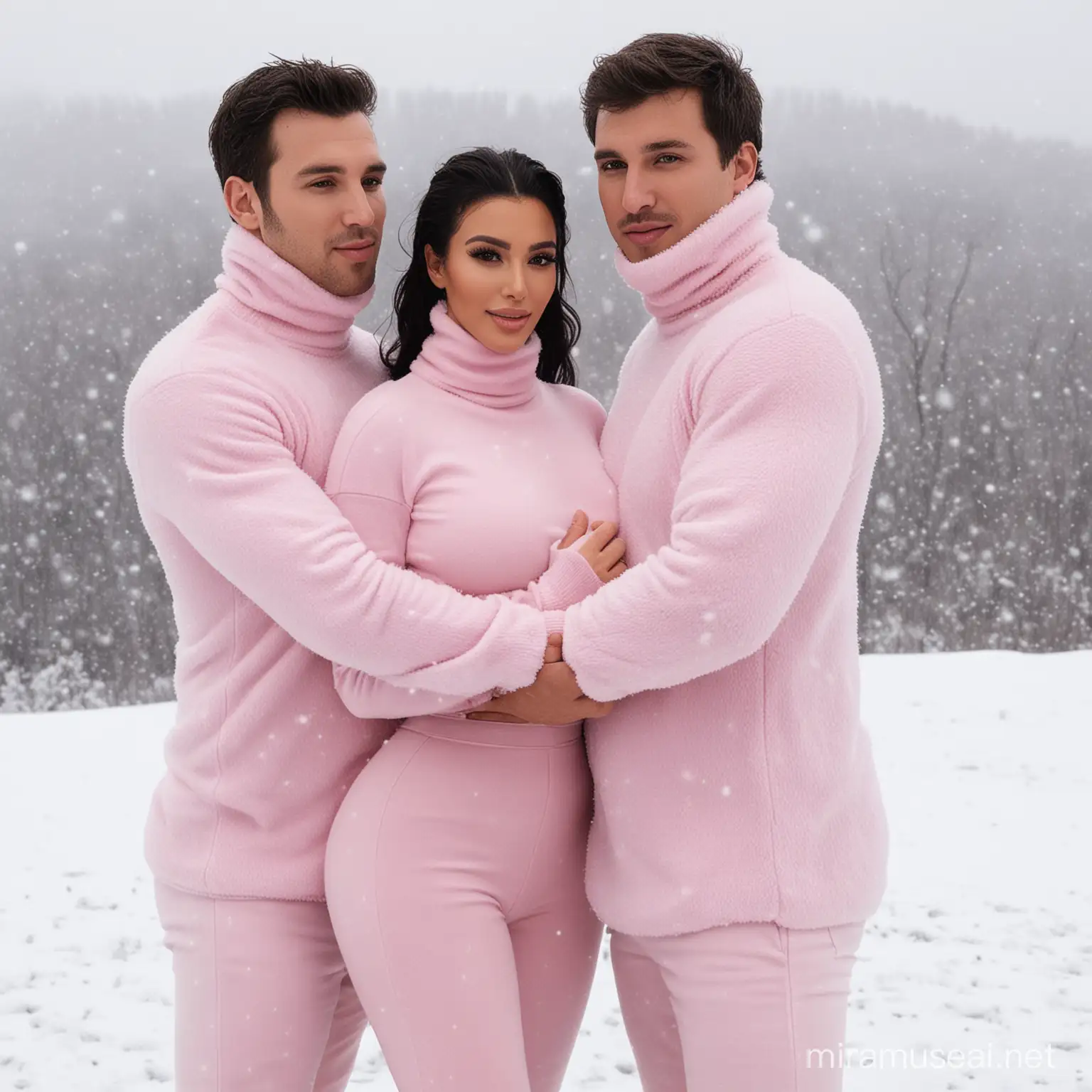 2 guys and 1Kim Kardashian, kim in the middle all in fuzzy pink turtleneck hugging in the snow 