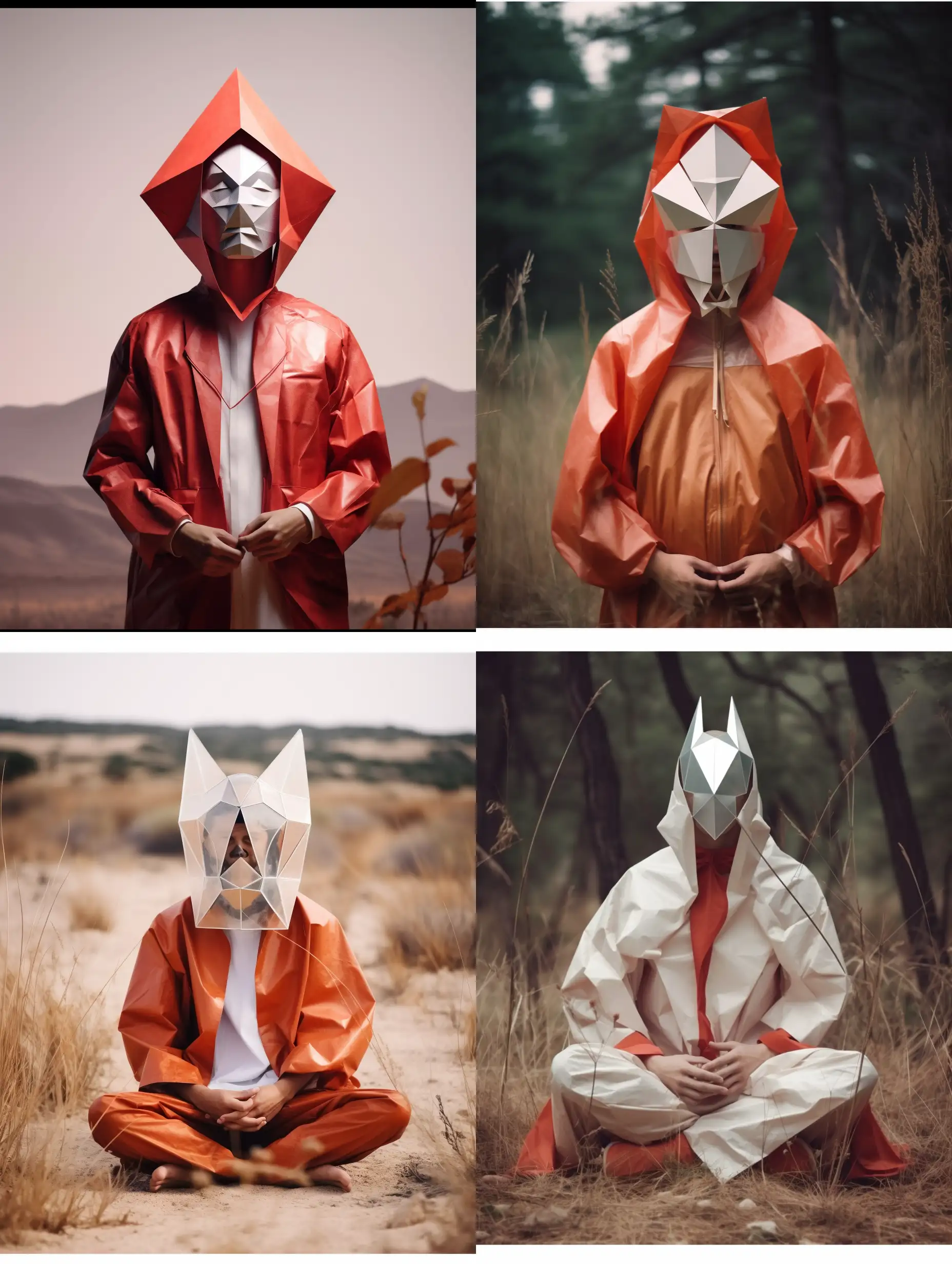 Person in one colour robe and Origami glass Woden mask male minimalistic Kodak realistic human photo  flat background