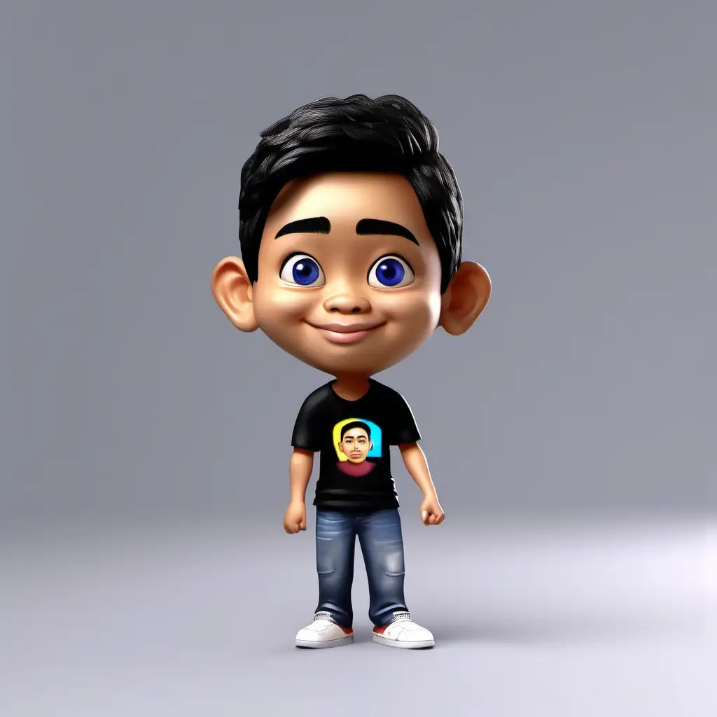 create a 3D caricature, key chain in the palm of the hand, high quality realistic photo, a malay boy, slightly fat body, 15s years old, Asian, wearing a black t-shirt that says "HALO TELCO", ultra HD 8K. colorful background