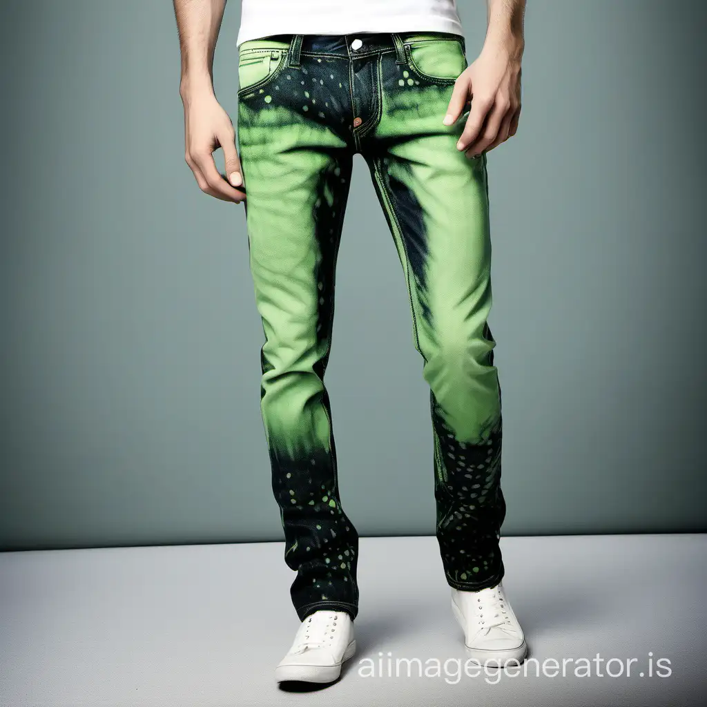 Create an image of combined Dark & light Green  Ice  washed Trendy & Stylish denim jeans for men with small bleach wash spotted with contrast stitching.