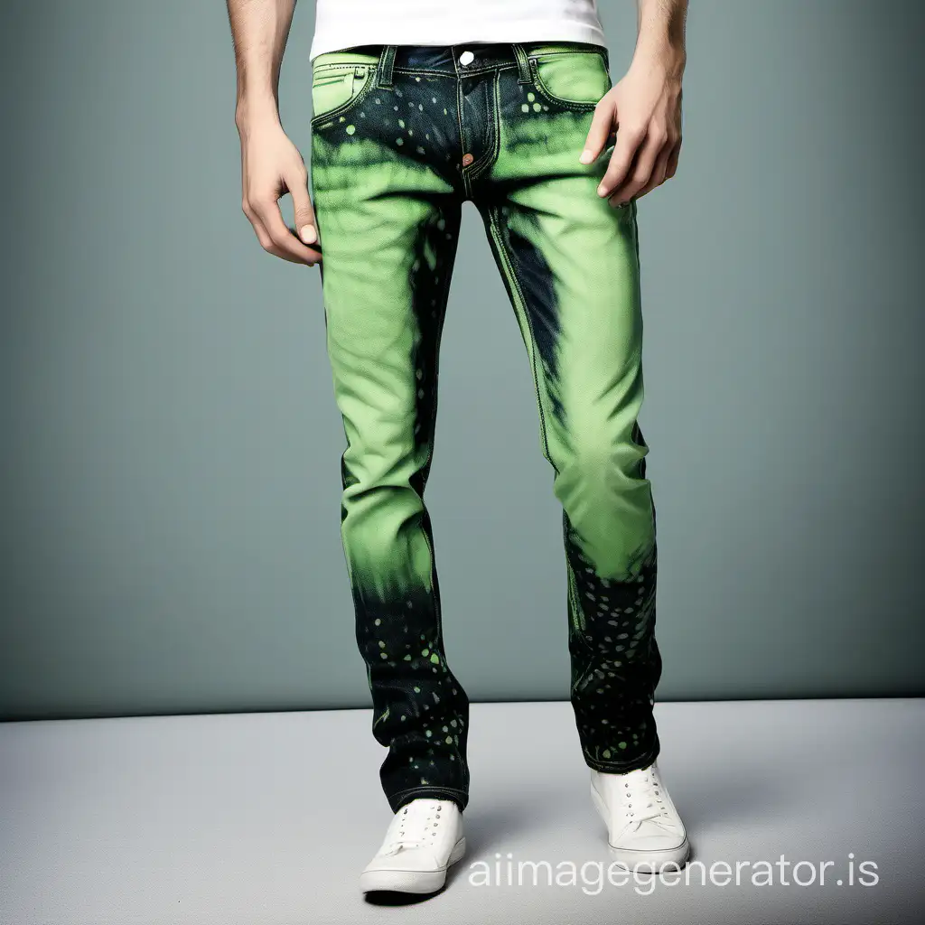 Create an image of combined Dark & light Green  Ice  washed Trendy & Stylish denim jeans for men with small bleach wash spotted with contrast stitching.
