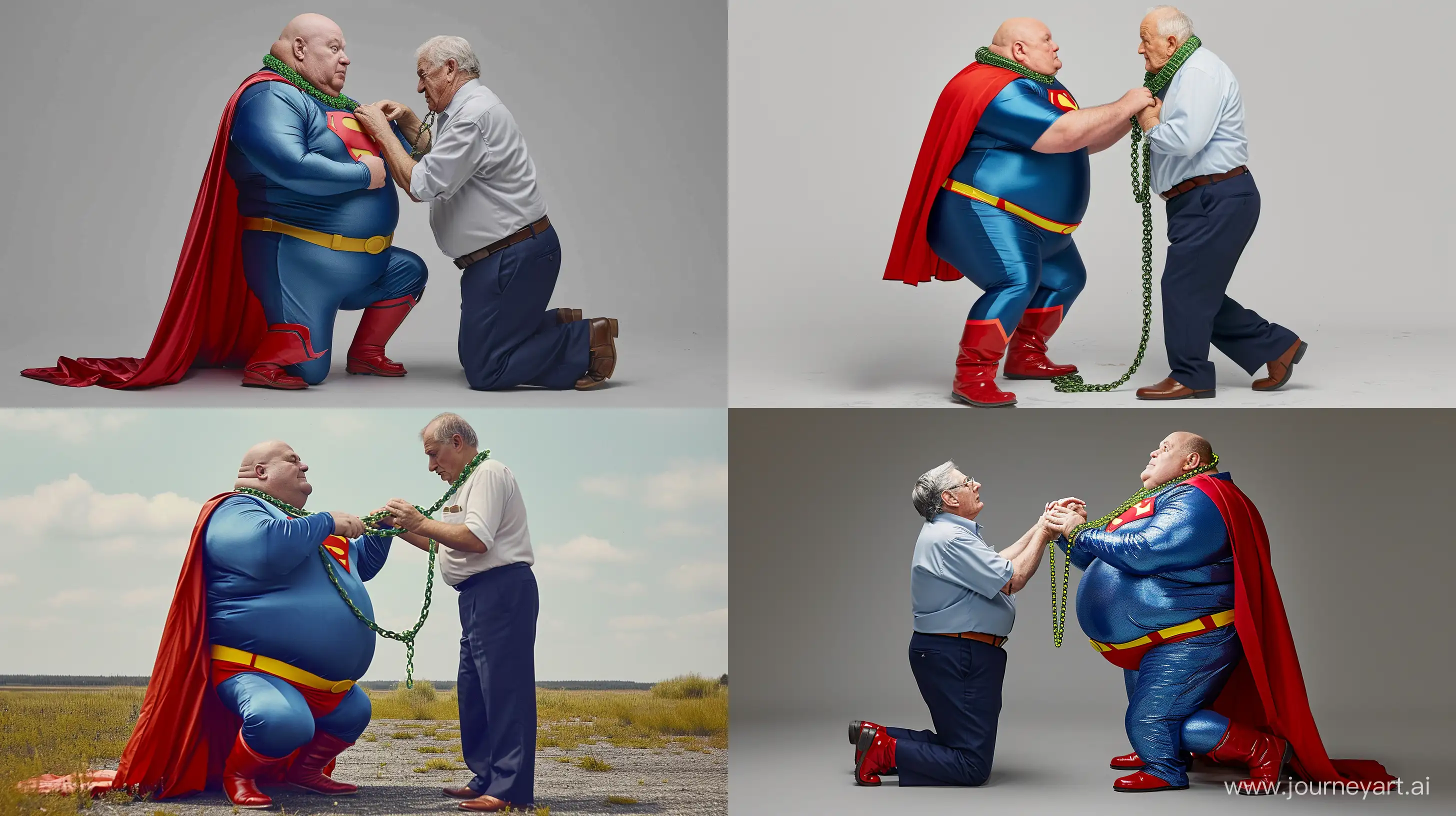 Photo of a chubby man aged 70. He is kneeling. He is wearing a silky blue superman costume with a large red cape, red boots, blue shirt, blue pants, yellow belt and red trunks. He wears a heavy glowing green chain collar on his neck. He is looking at an obese man aged 70 wearing navy business pants and a white shirt who is tightening the green necklace around the neck of the first man. Outside. --style raw --ar 16:9 --v 6