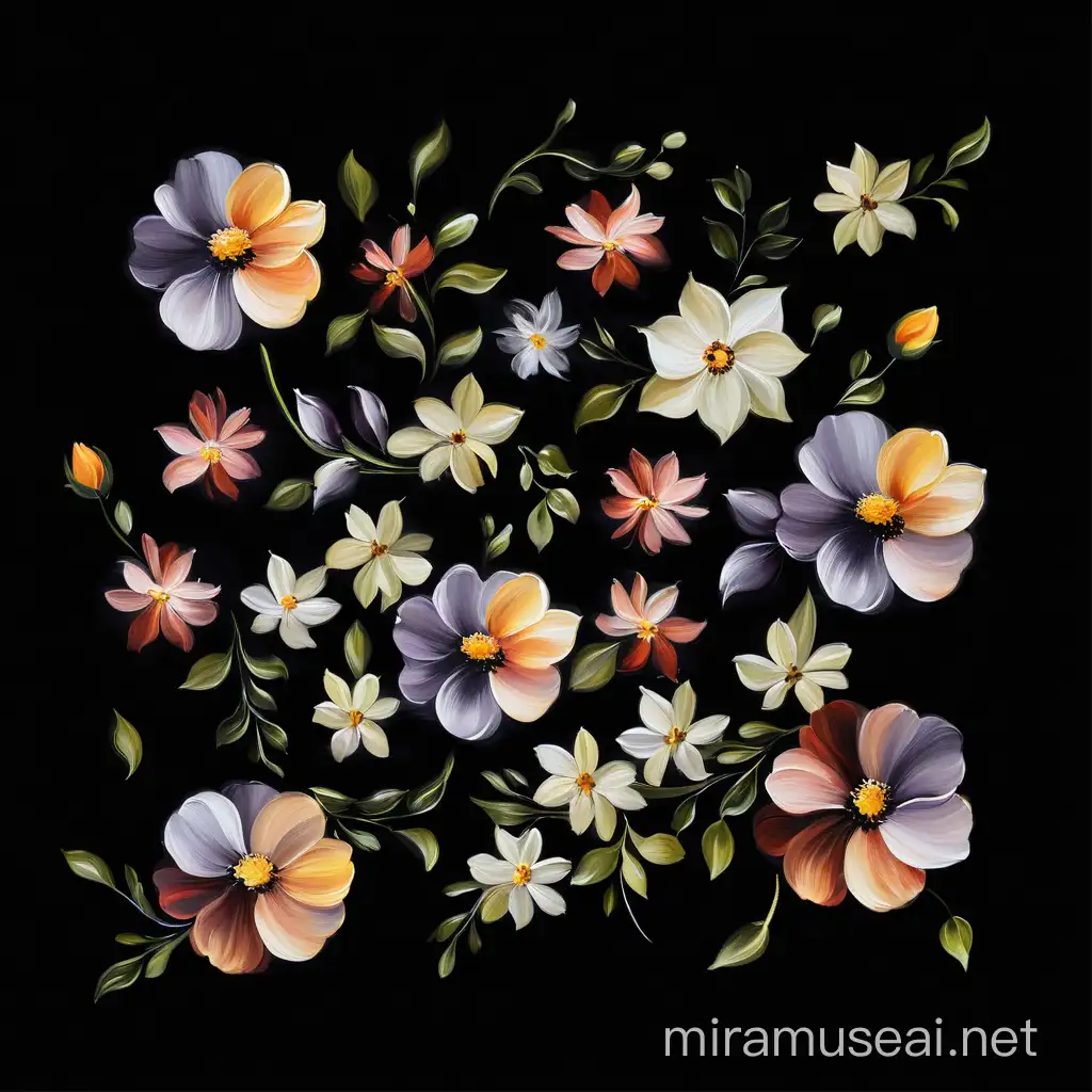 Vibrant Oil Painting of Flowers on Black Background
